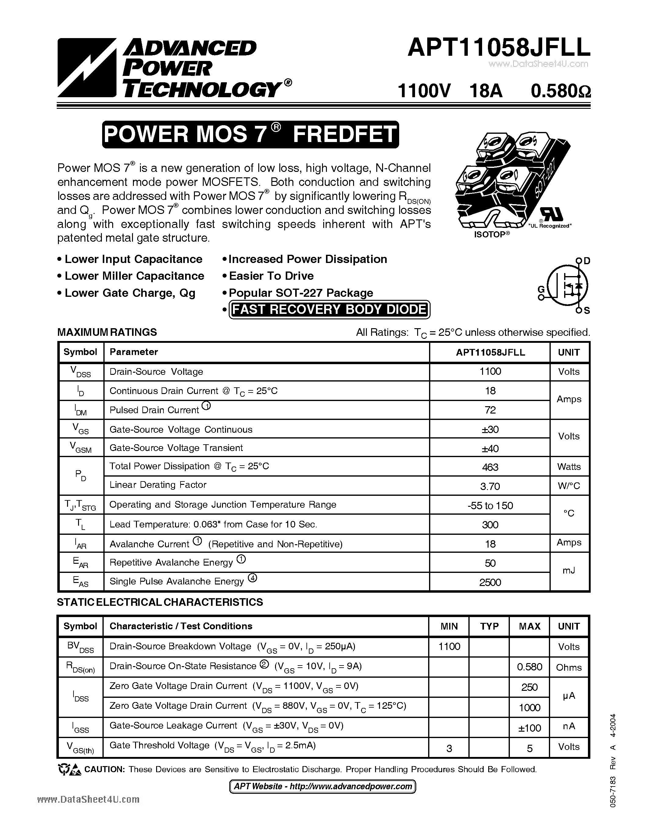 Datasheet APT11058JFLL page 1 Datasheet APT11058JFLL - POWER MOS 7 FREDFET page 1