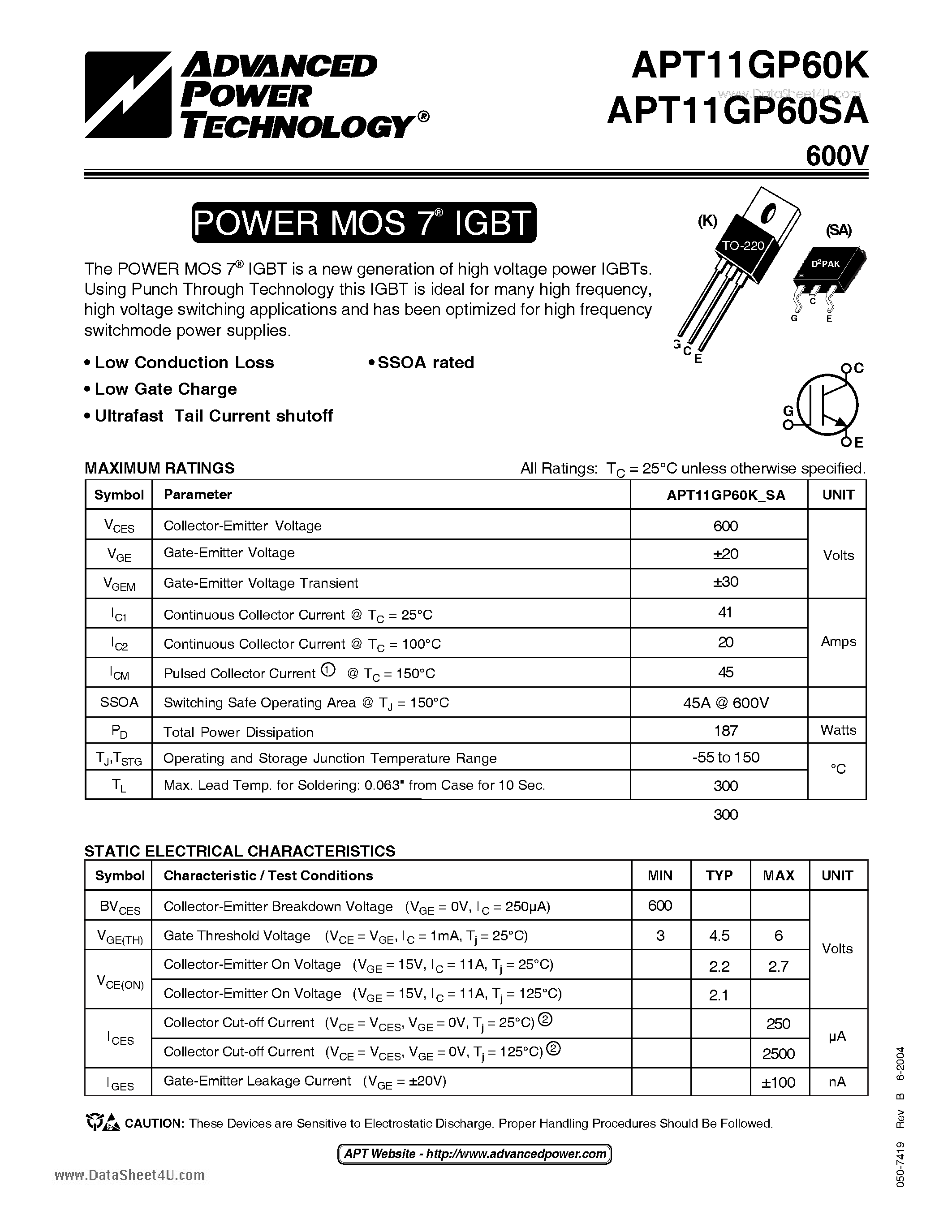 Datasheet APT11GP60K - POWER MOS 7 IGBT page 1