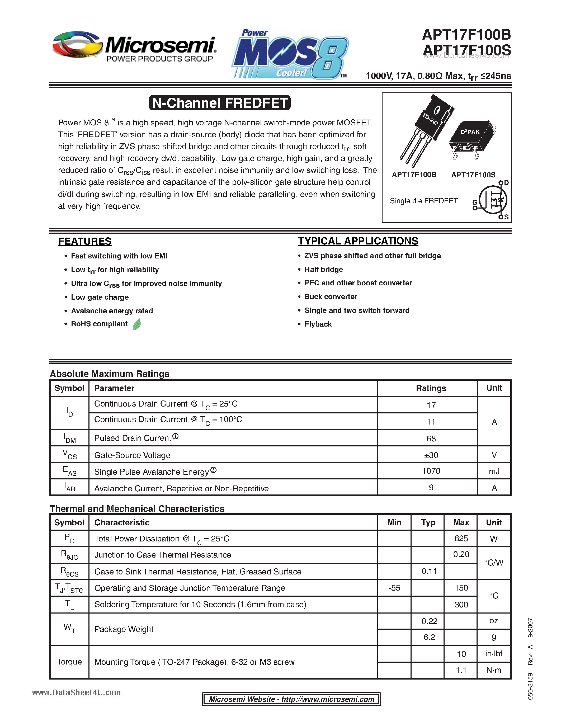 Datasheet APT17F100B - N-Channel FREDFET page 1