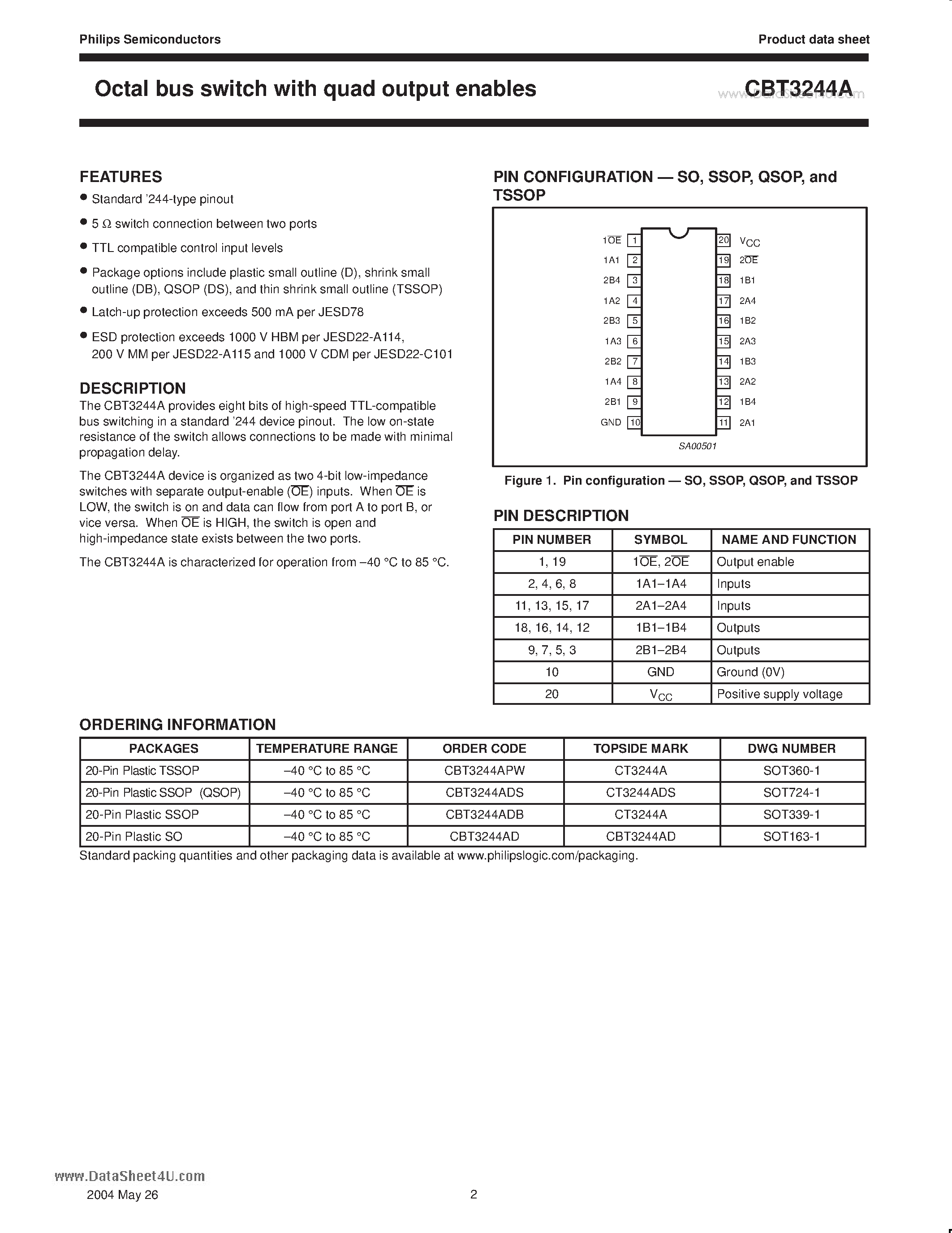 Даташит на микросхему CBT3244A страница 2 Даташит CBT3244A - Octal bus switch страница 2