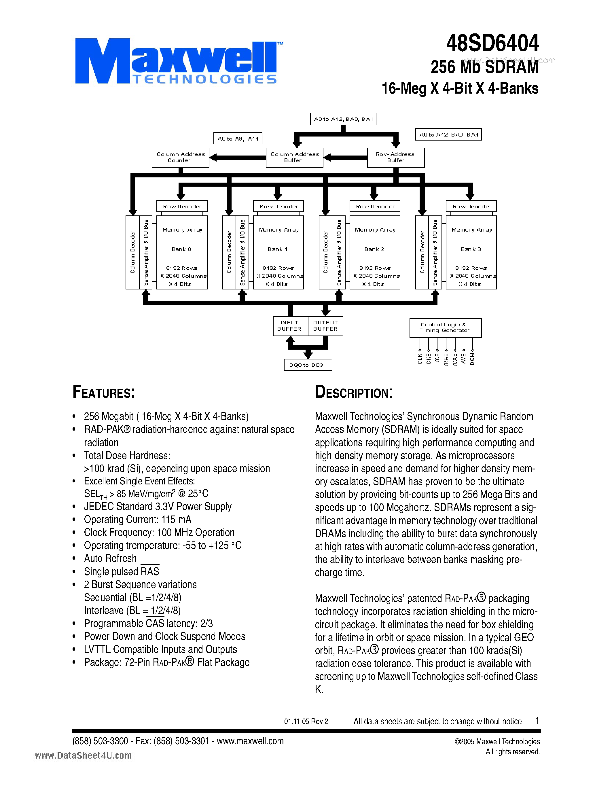 Datasheet 48SD6404 - 256 Mb SDRAM 16-Meg X 4-Bit X 4-Banks page 1