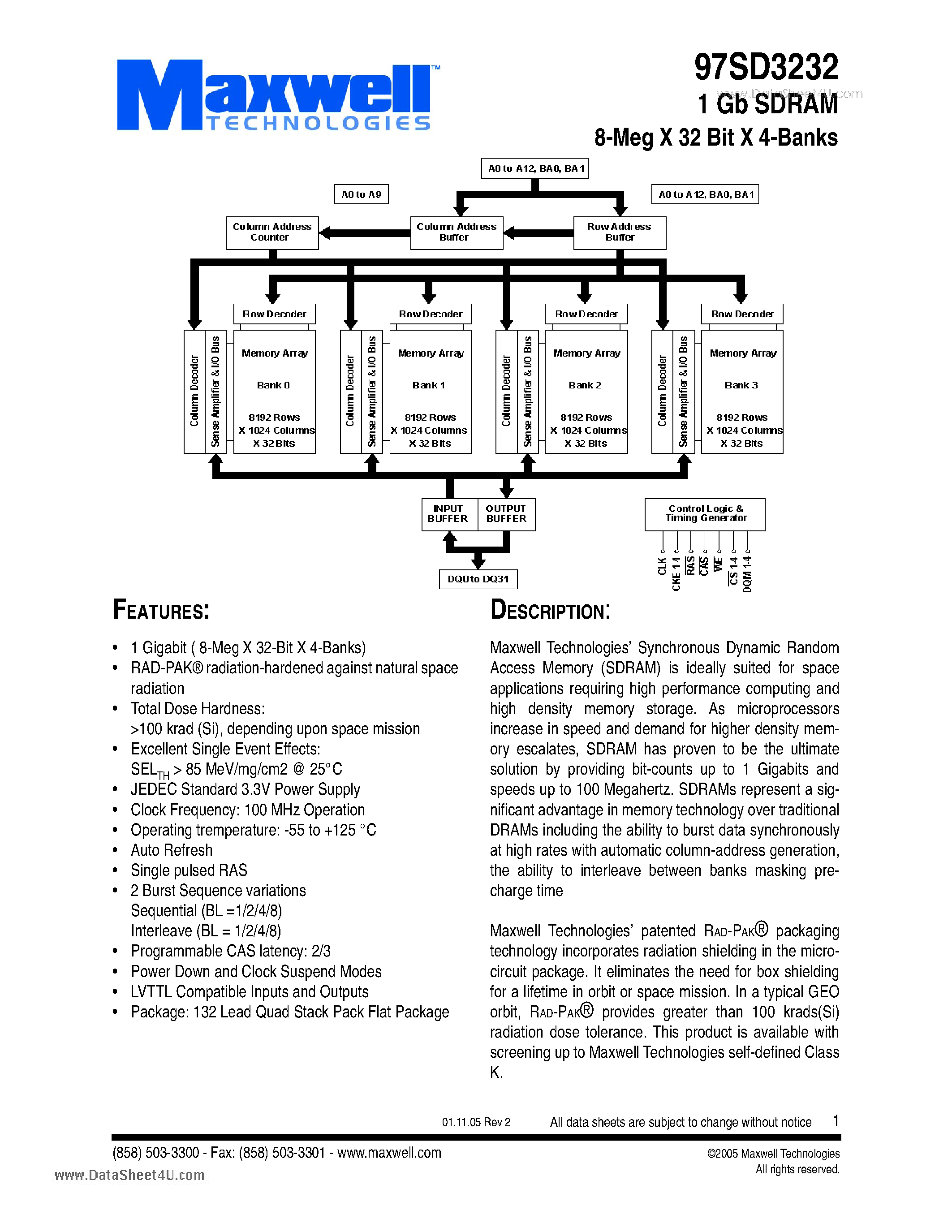 Datasheet 97SD3232 - 1 Gb SDRAM 8-Meg X 32 Bit X 4-Banks page 1