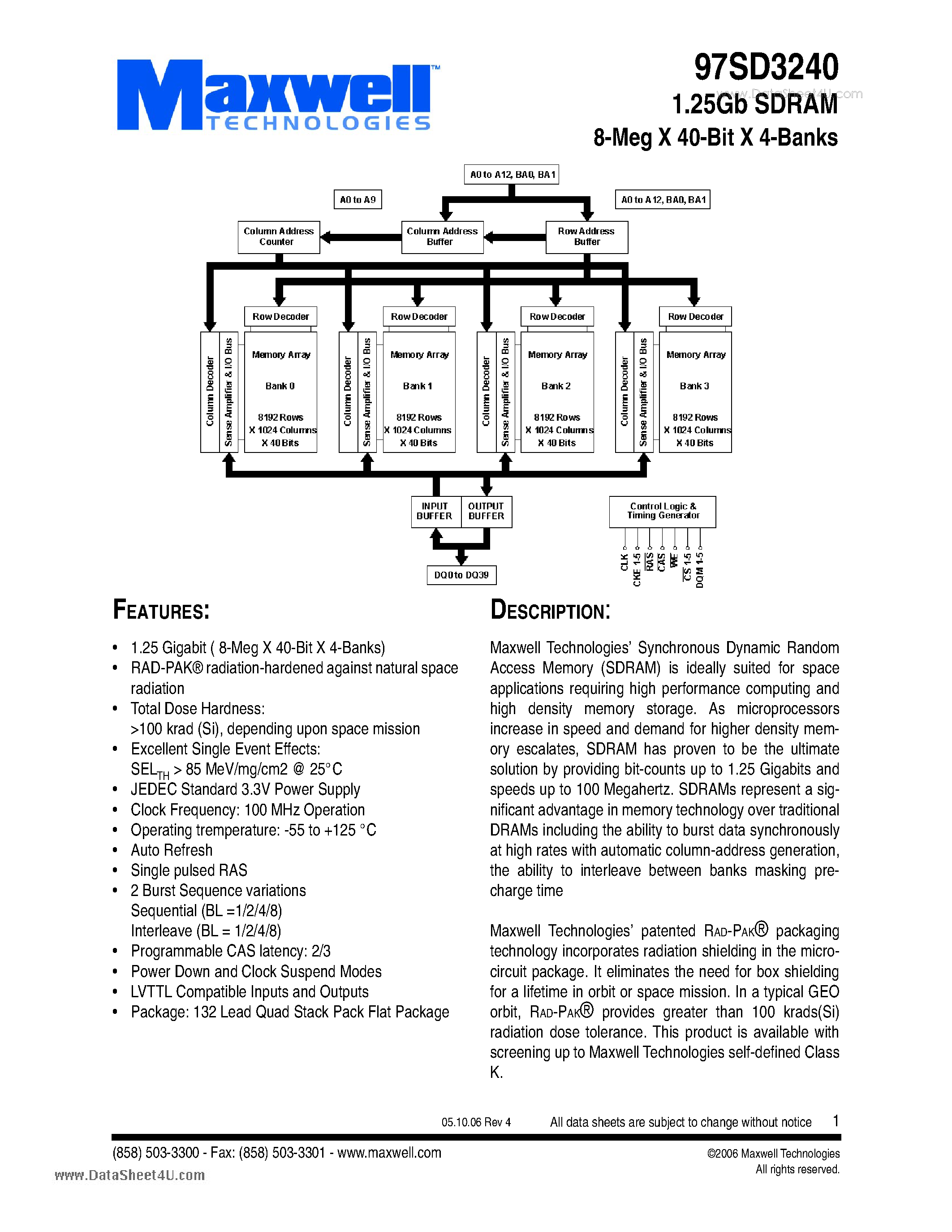 Datasheet 97SD3240 - 1.25Gb SDRAM 8-Meg X 40-Bit X 4-Banks page 1