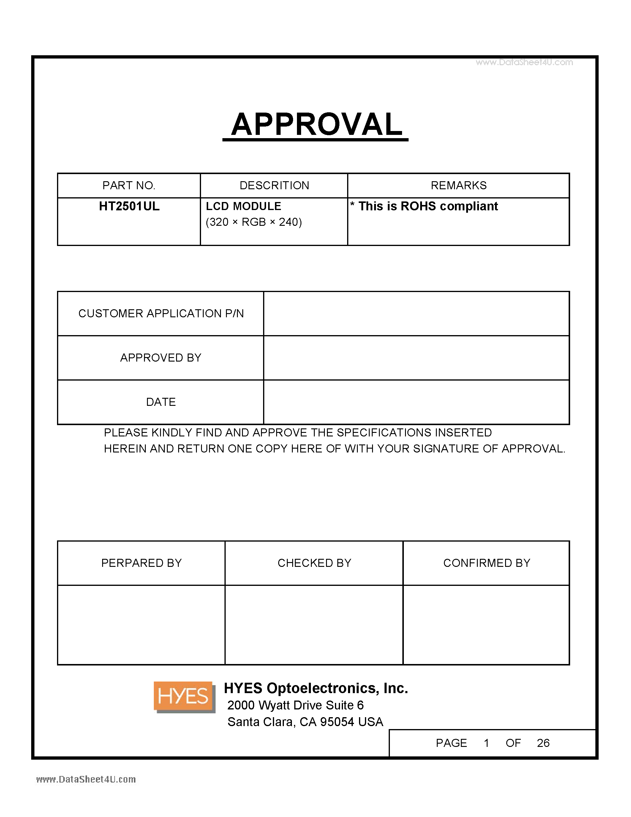 Datasheet HT2501UL - LCD MODULE (320 x RGB x 240) page 1