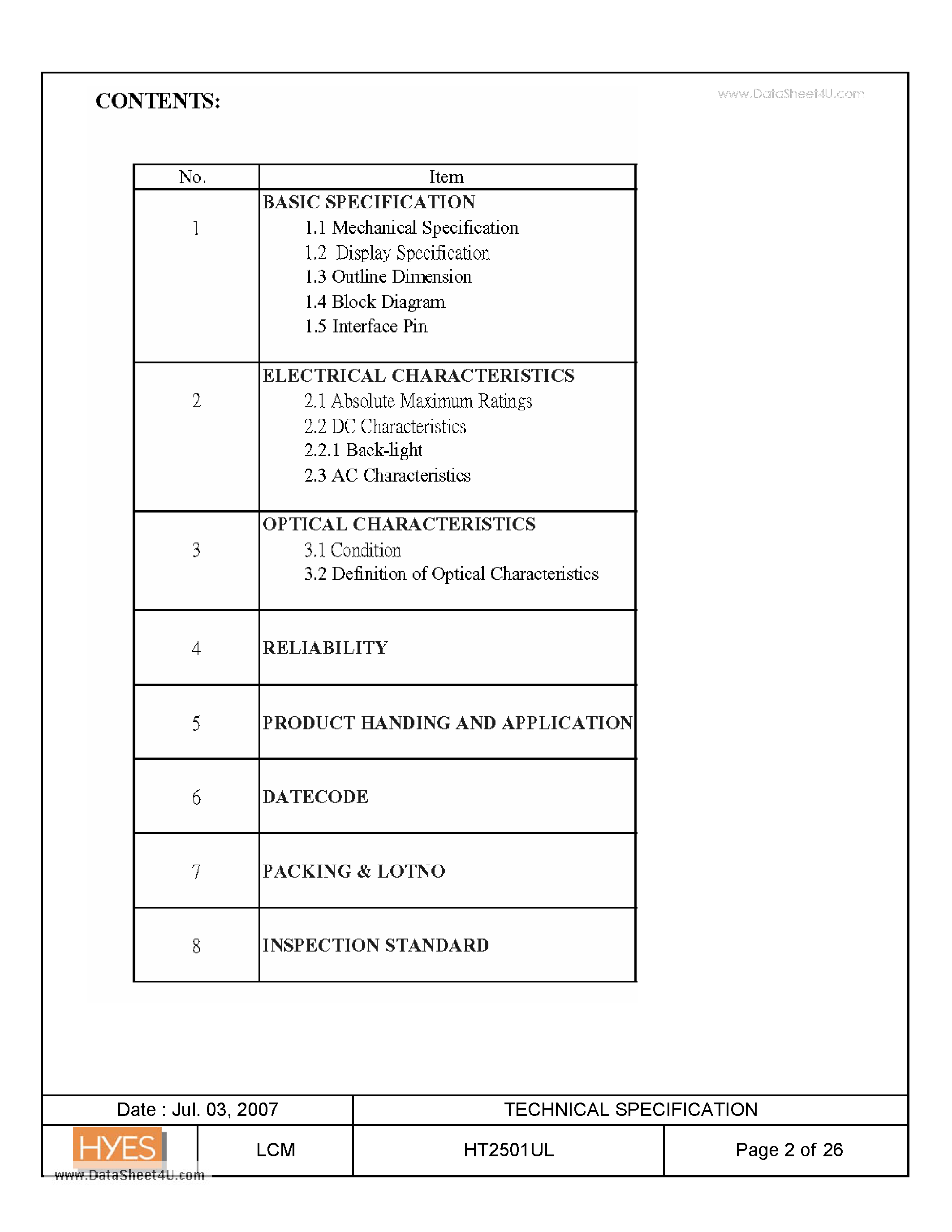 Datasheet HT2501UL - LCD MODULE (320 x RGB x 240) page 2