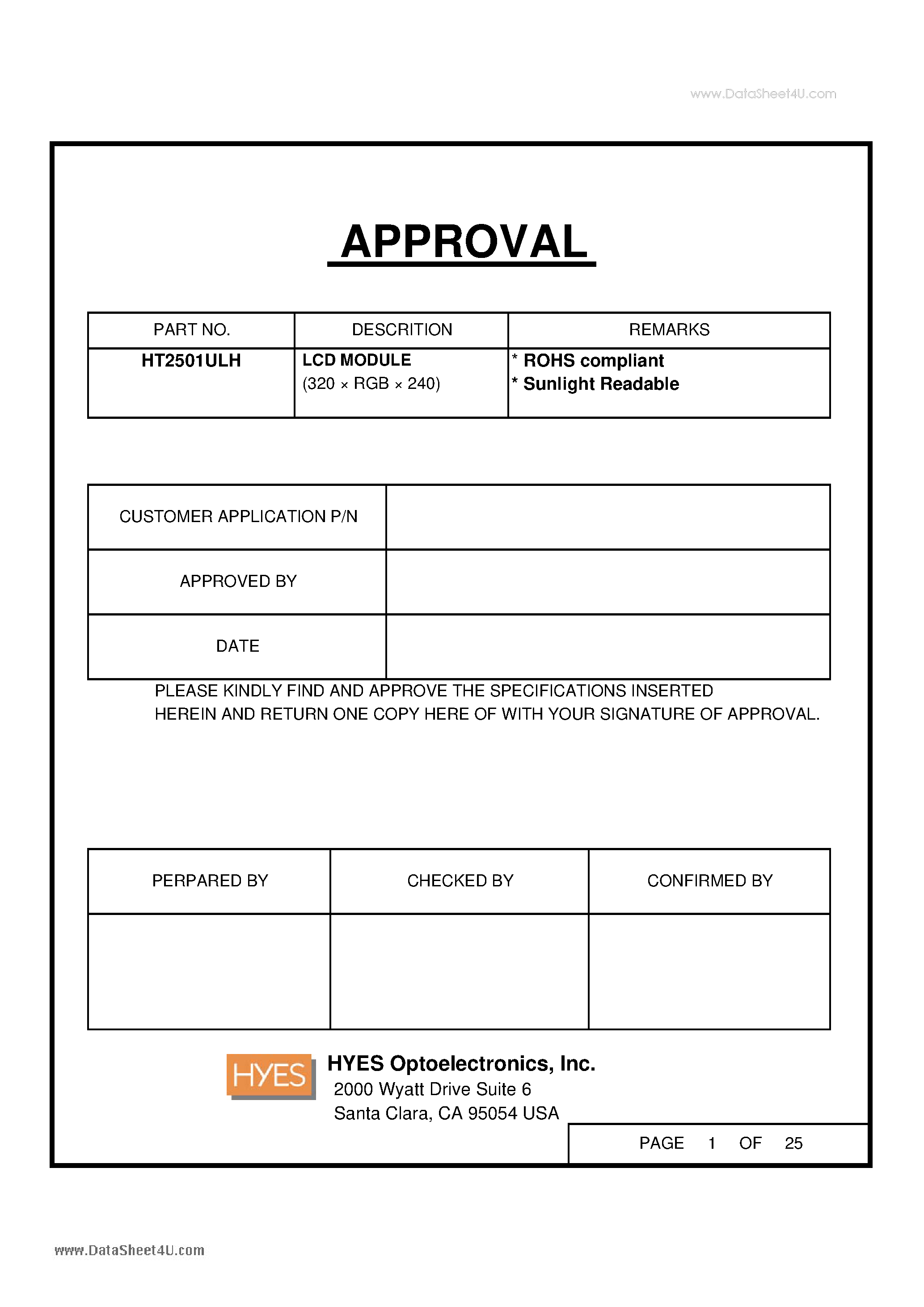 Datasheet HT2501ULH - LCD MODULE (320 x RGB x 240) page 1