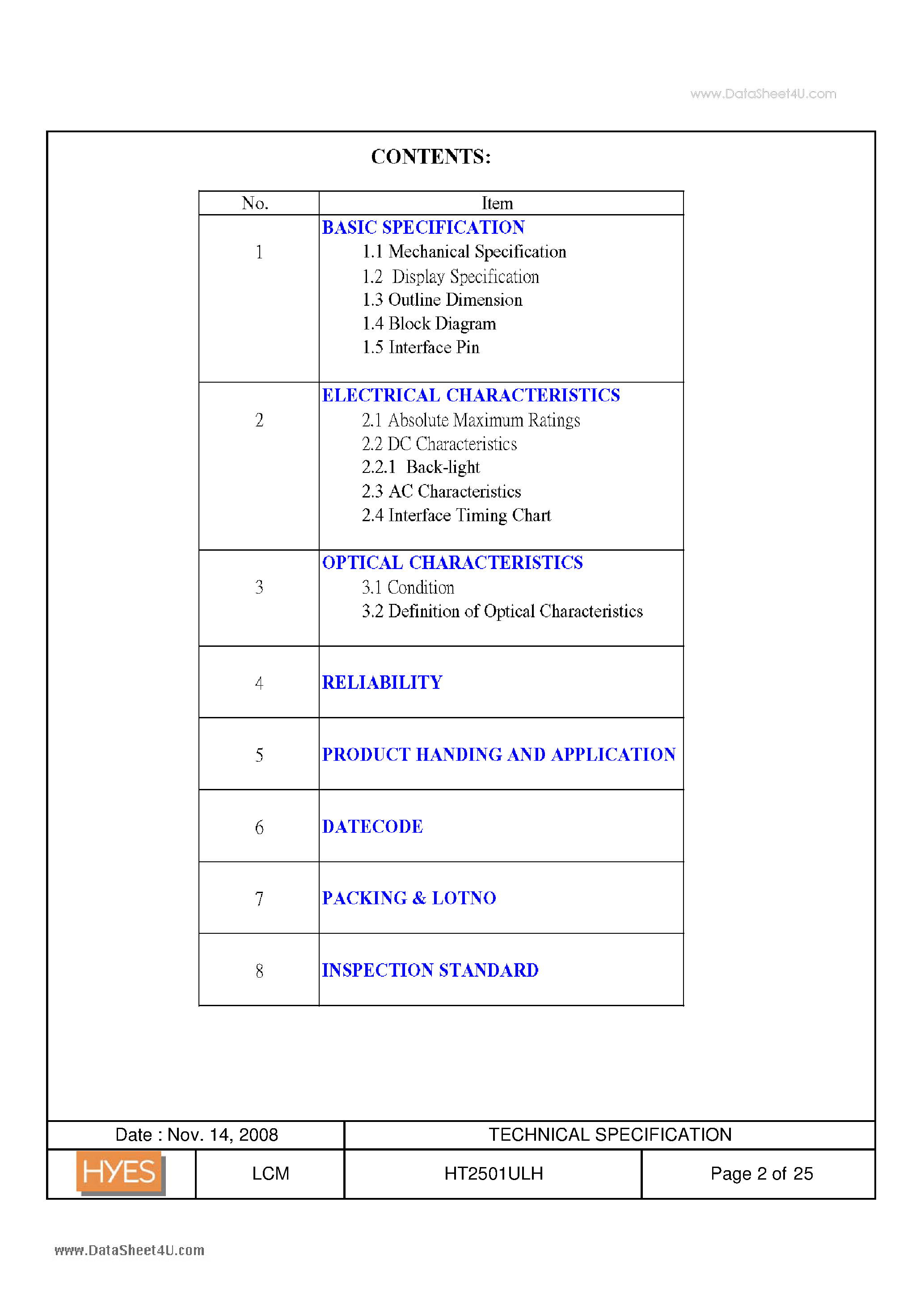 Datasheet HT2501ULH - LCD MODULE (320 x RGB x 240) page 2
