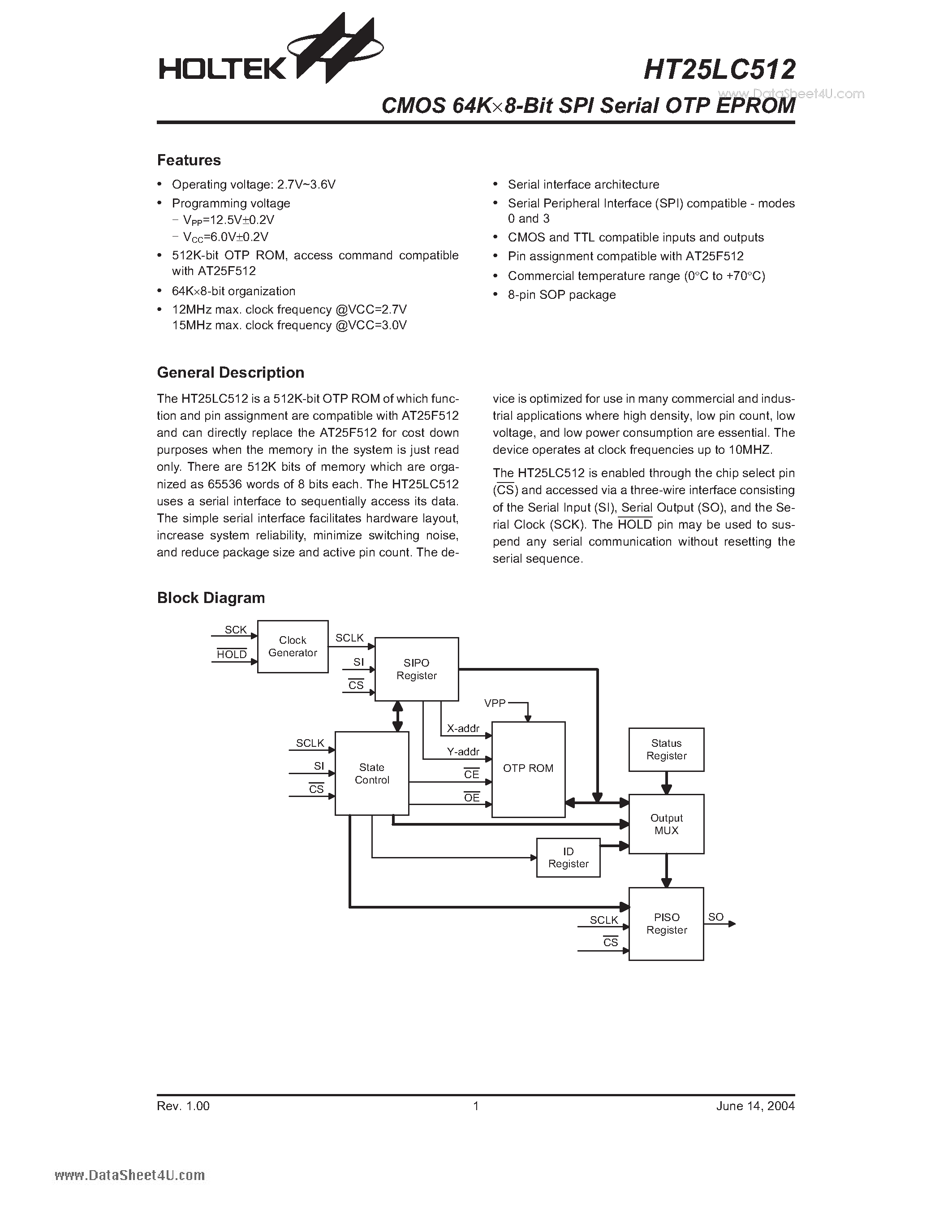 Datasheet HT25LC512 - CMOS 64Kx8-Bit SPI Serial OTP EPROM page 1