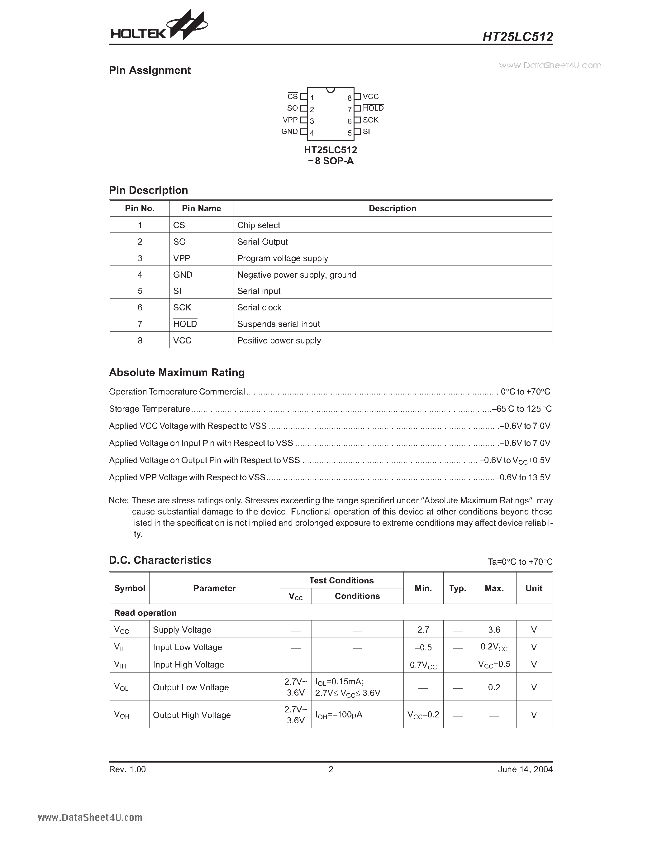 Datasheet HT25LC512 - CMOS 64Kx8-Bit SPI Serial OTP EPROM page 2