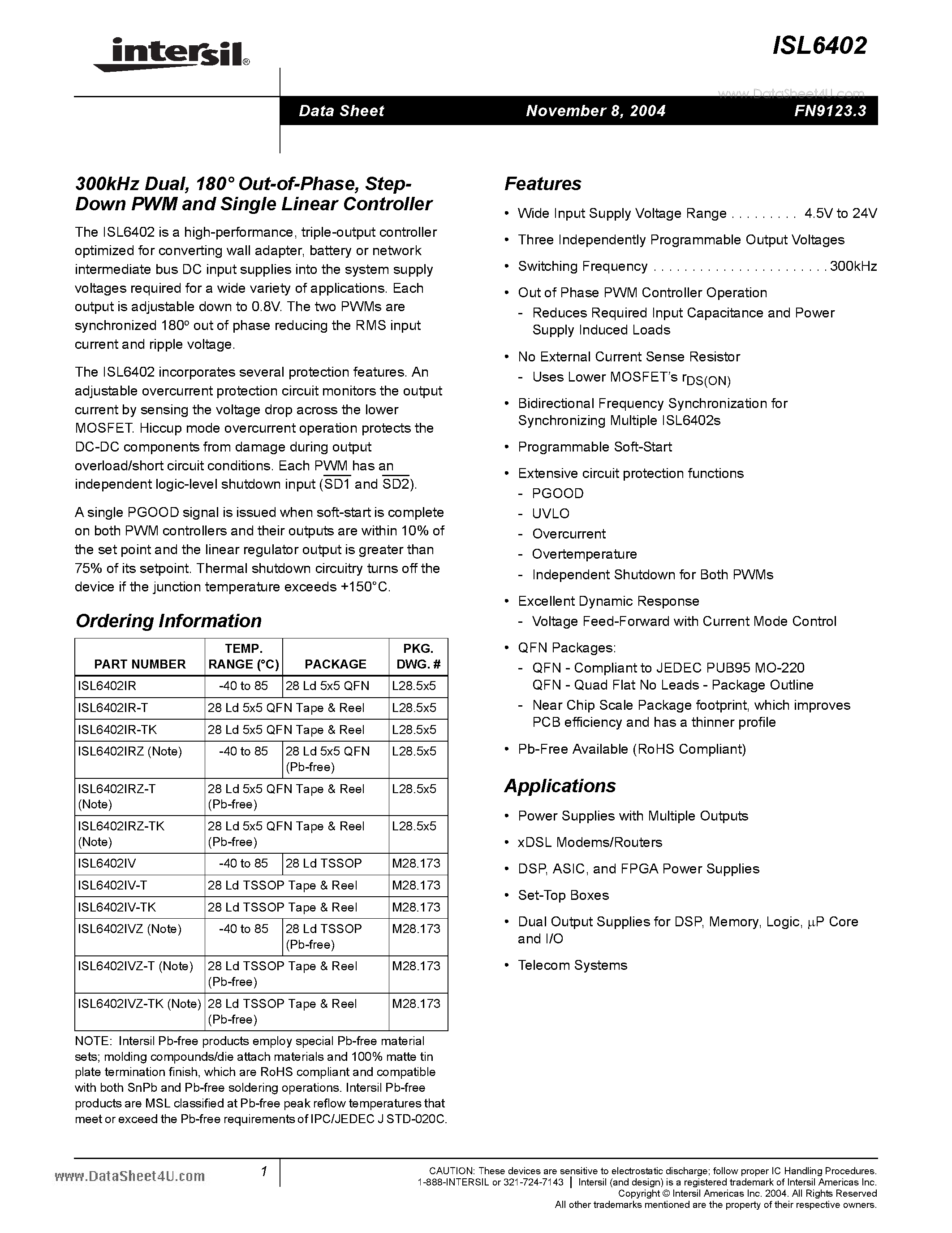 Datasheet ISL6402 - 300kHz Dual 180 Degree Out-of-Phase Step-Down PWM and Single Linear Controller page 1