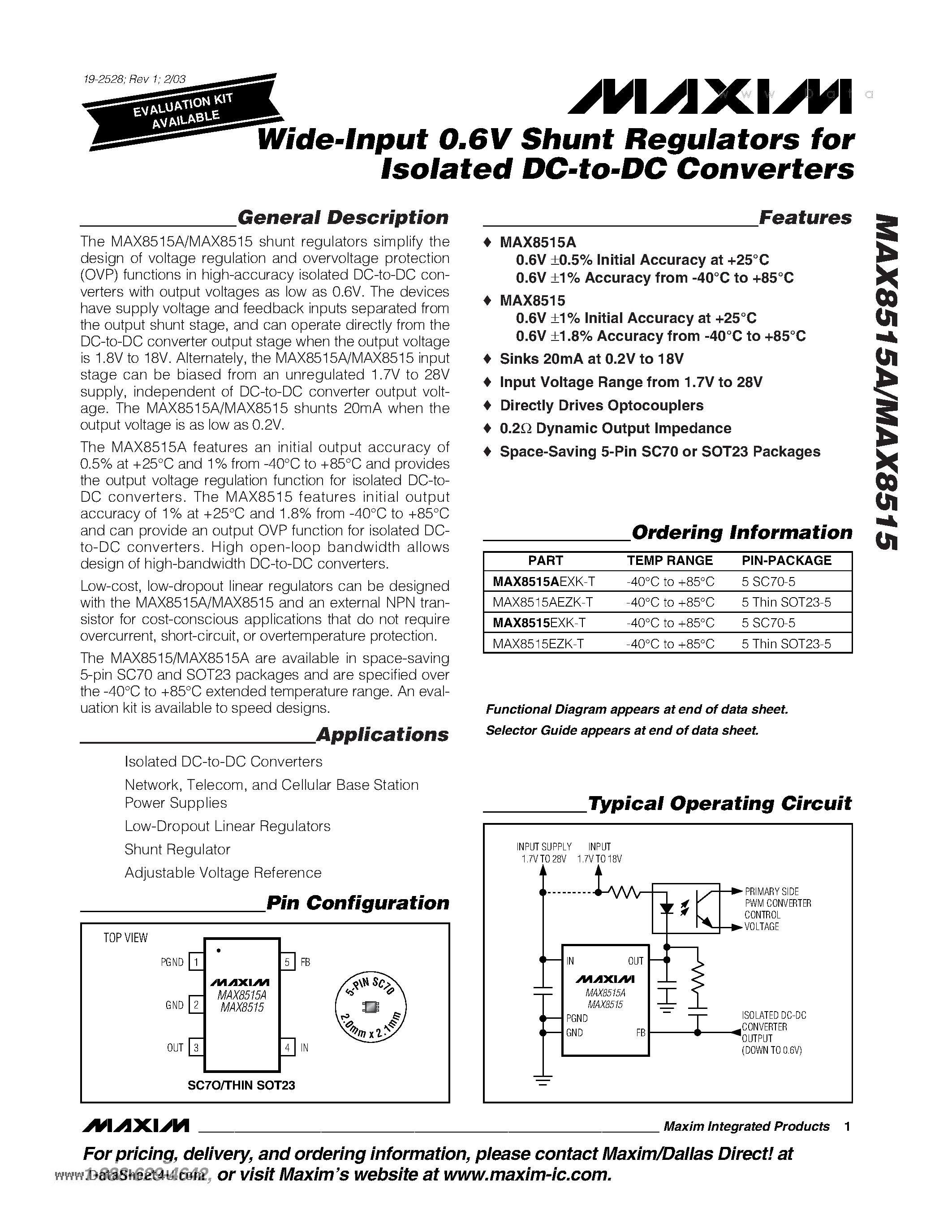 Datasheet MAX8515 - Wide-Input 0.6V Shunt Regulators page 1
