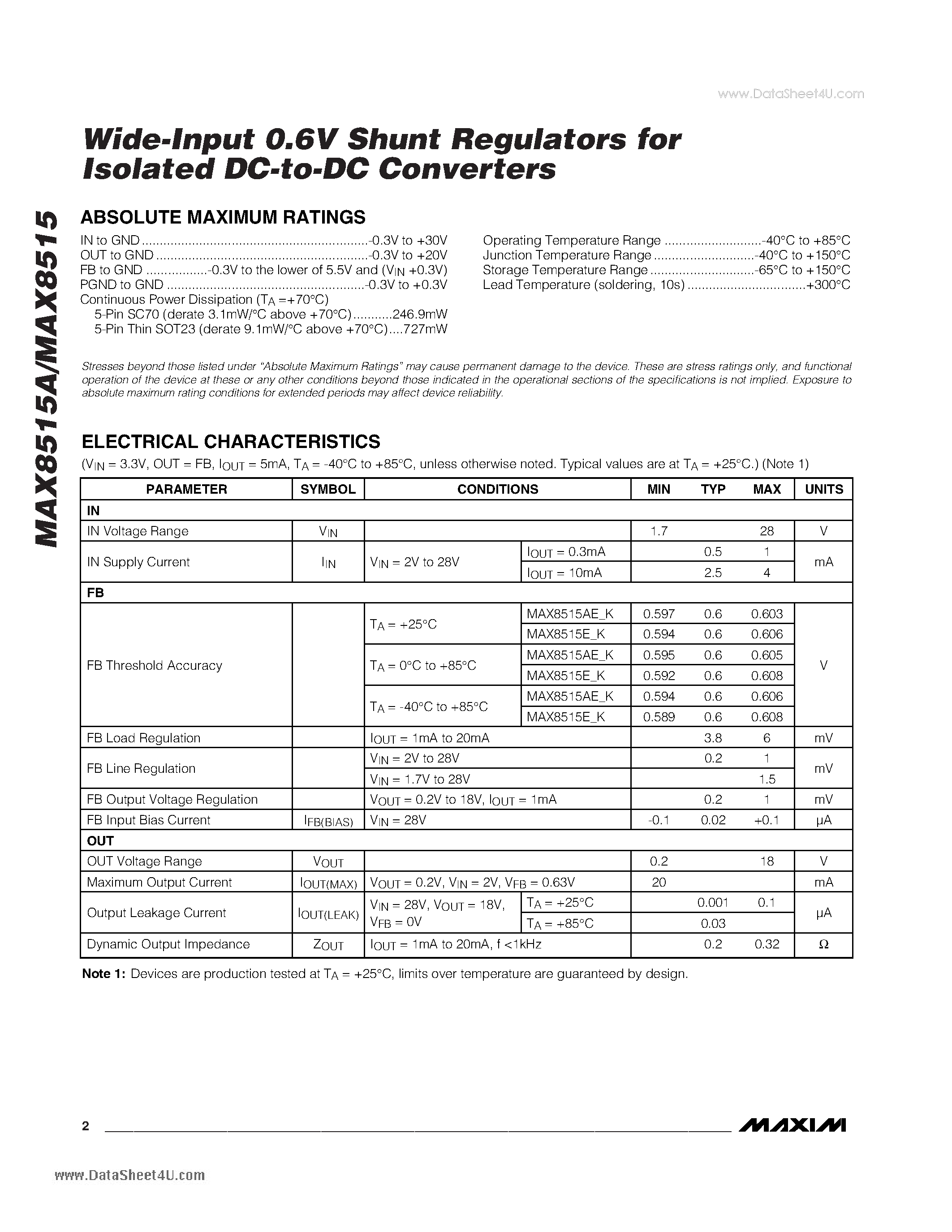 Datasheet MAX8515 - Wide-Input 0.6V Shunt Regulators page 2