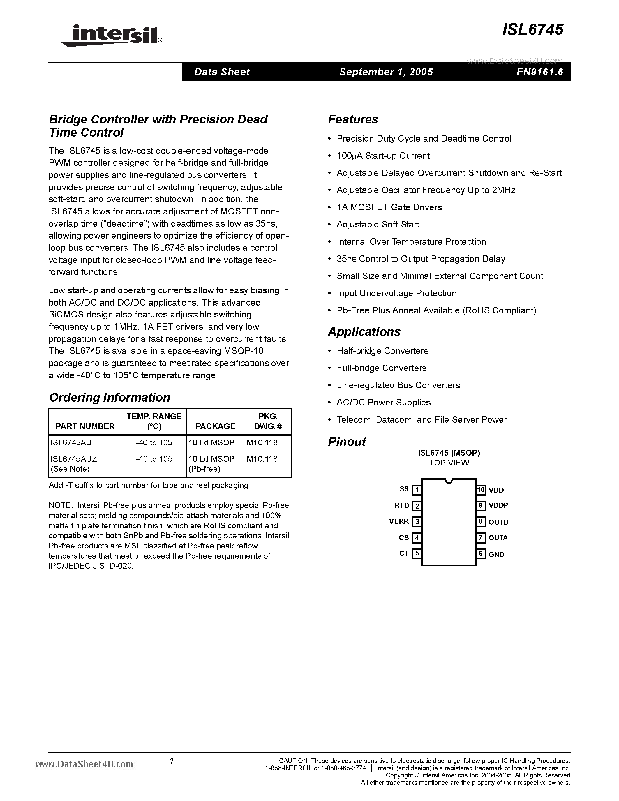 Datasheet ISL6745 page 1 Datasheet ISL6745 - Bridge Controller page 1