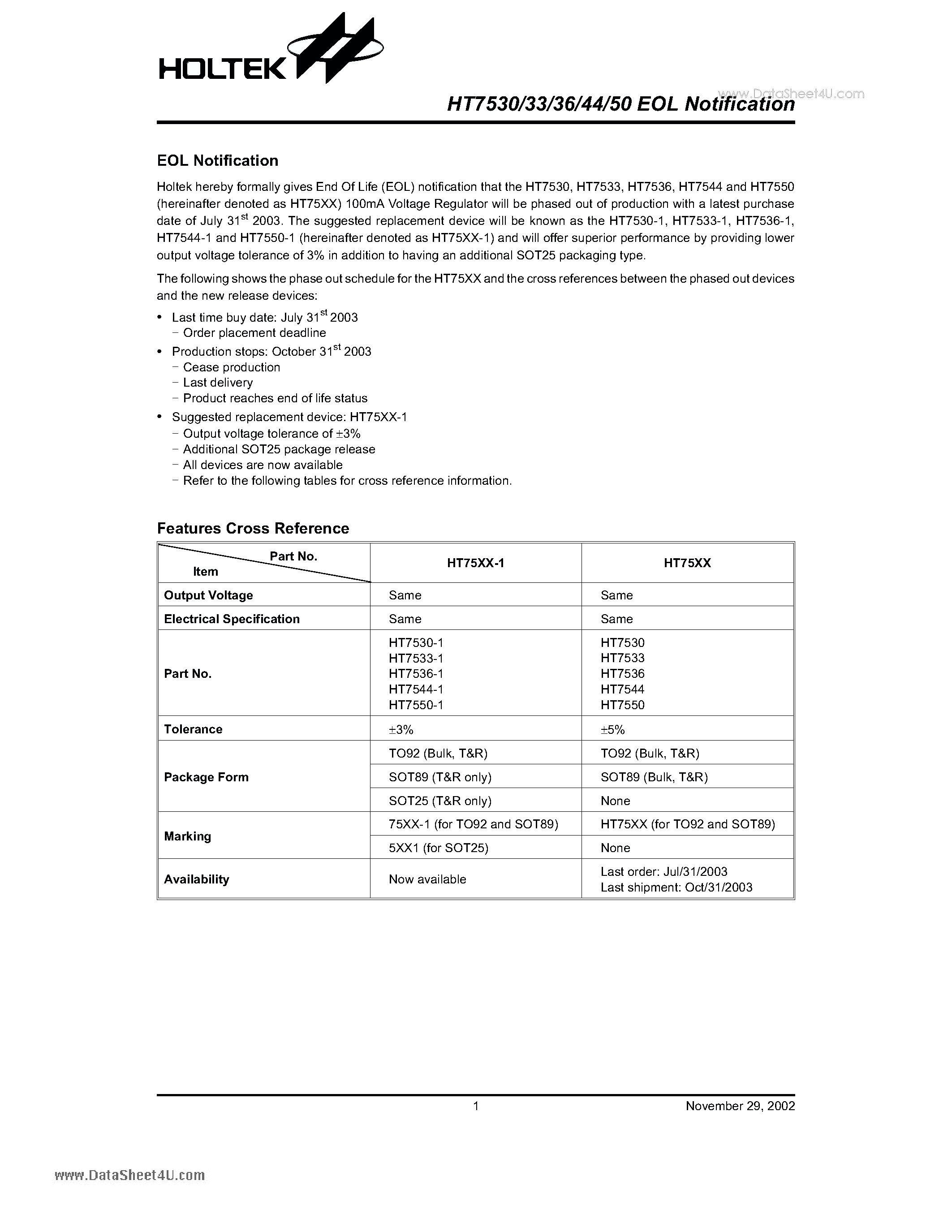 Даташит на микросхему HT7530 страница 1 Даташит HT7530 - 100mA Voltage Regulator страница 1