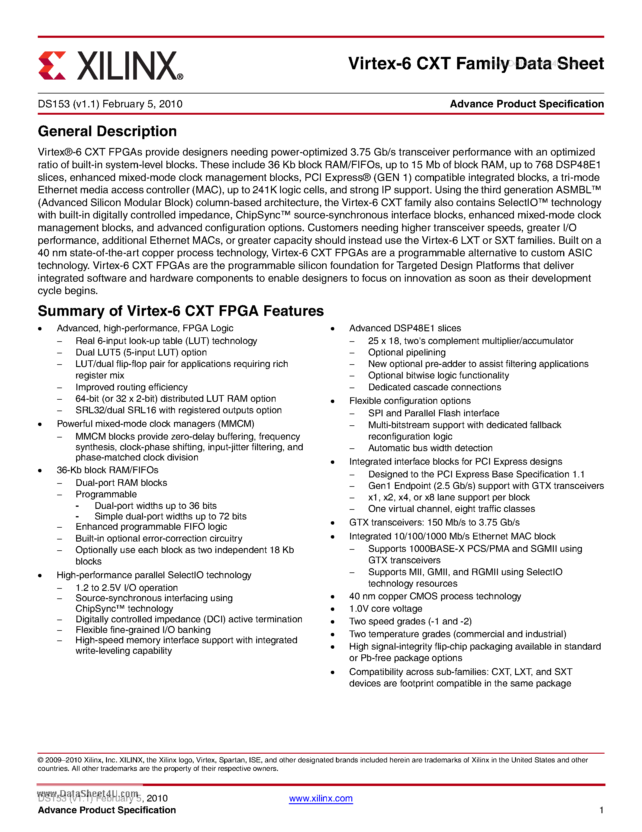Datasheet XC6VCX130T - Virtex-6 CXT Family page 1