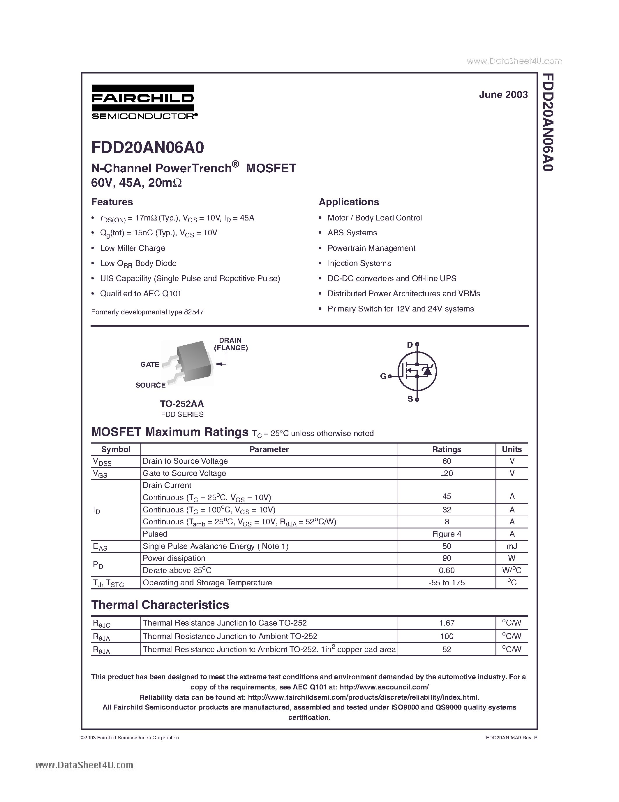 Даташит FDD20AN06A0 - N-Channel PowerTrench MOSFET страница 1