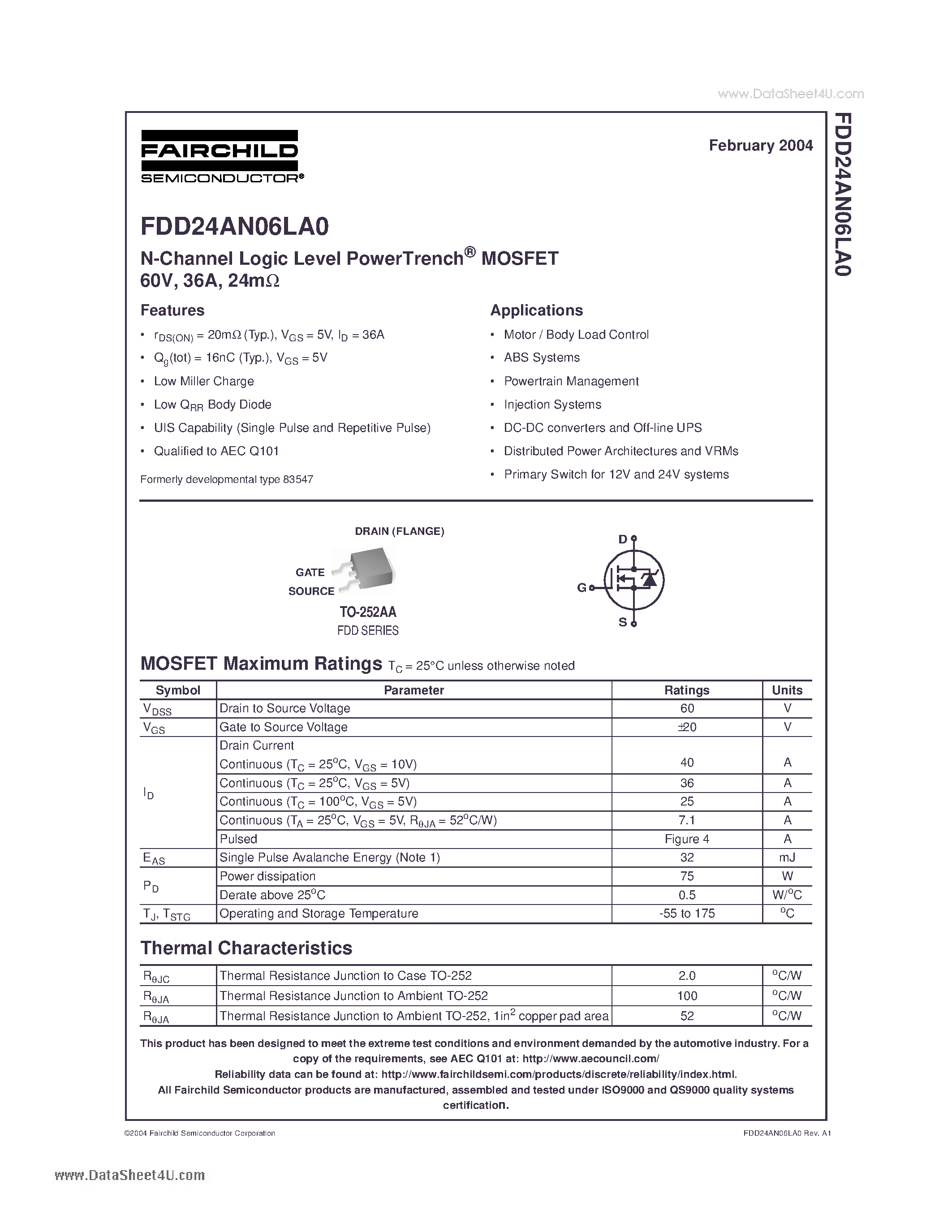 Даташит FDD24AN06LA0 - N CHANNEL LOGIC LEVEL POWER TRENCH MOSFET страница 1