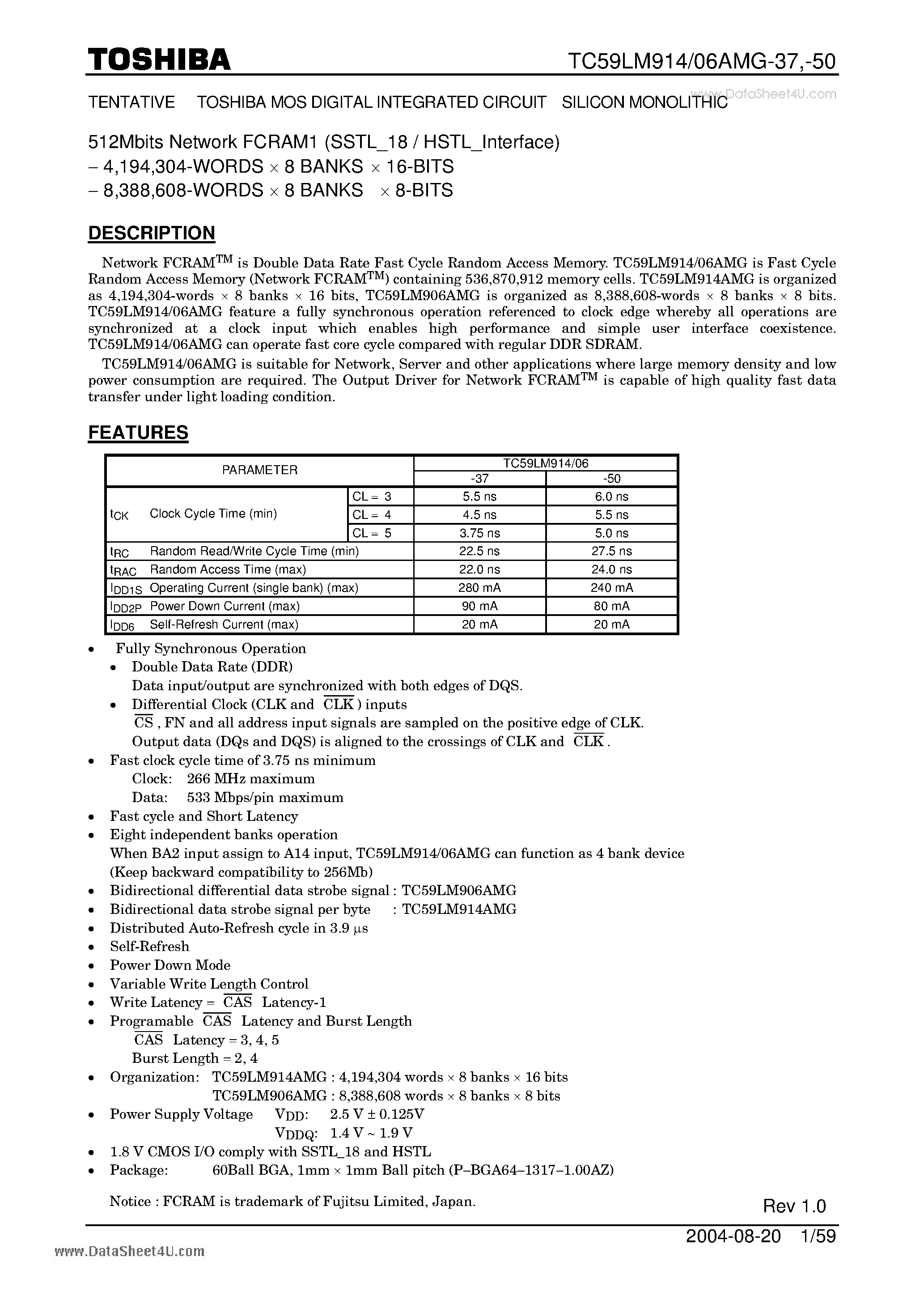 Datasheet TC59LM906AMG-37 - MOS DIGITAL INTEGRATED CIRCUIT SILICON MONOLITHIC page 1