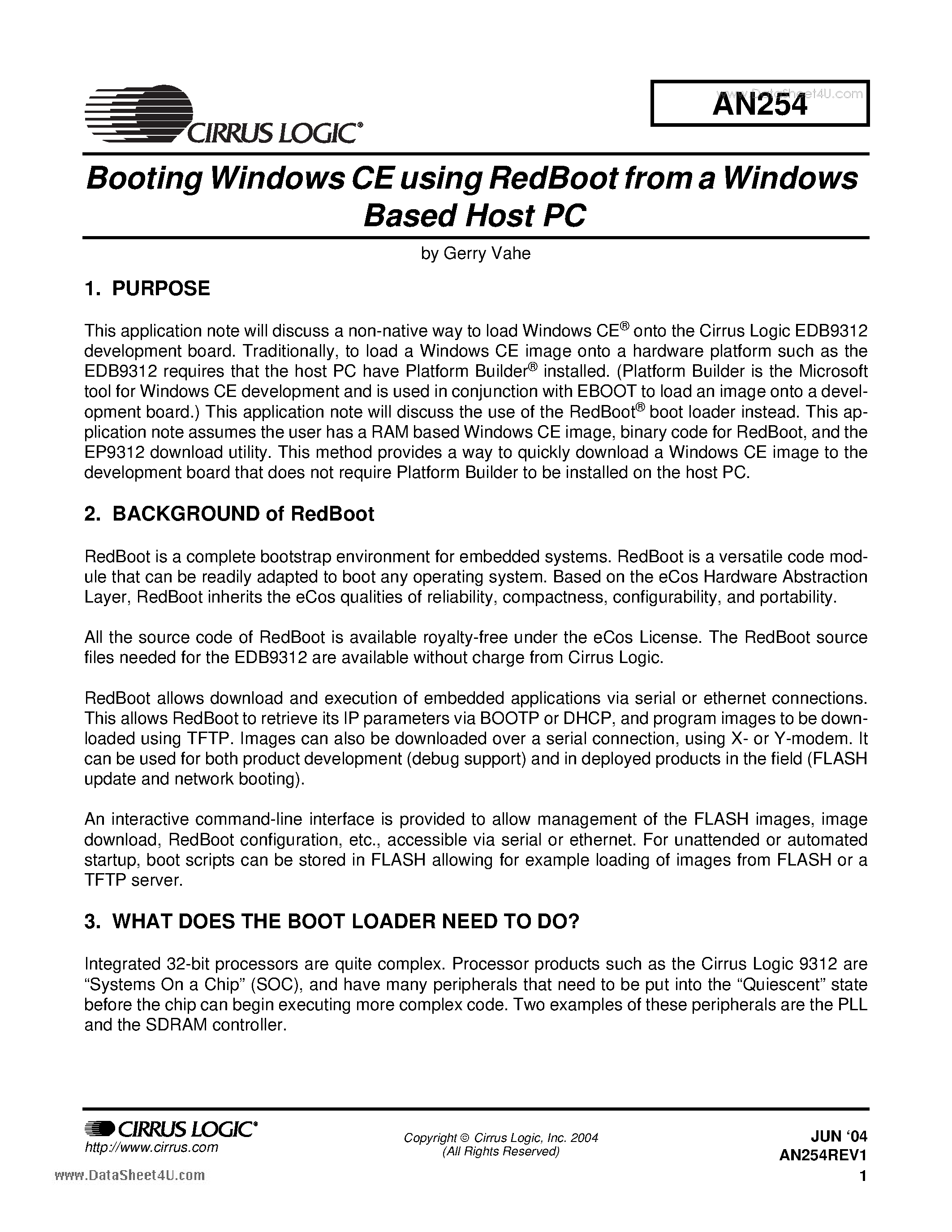 Datasheet AN254 - Booting Windows CE Using RedBoot from a Windows Based Host PC page 1
