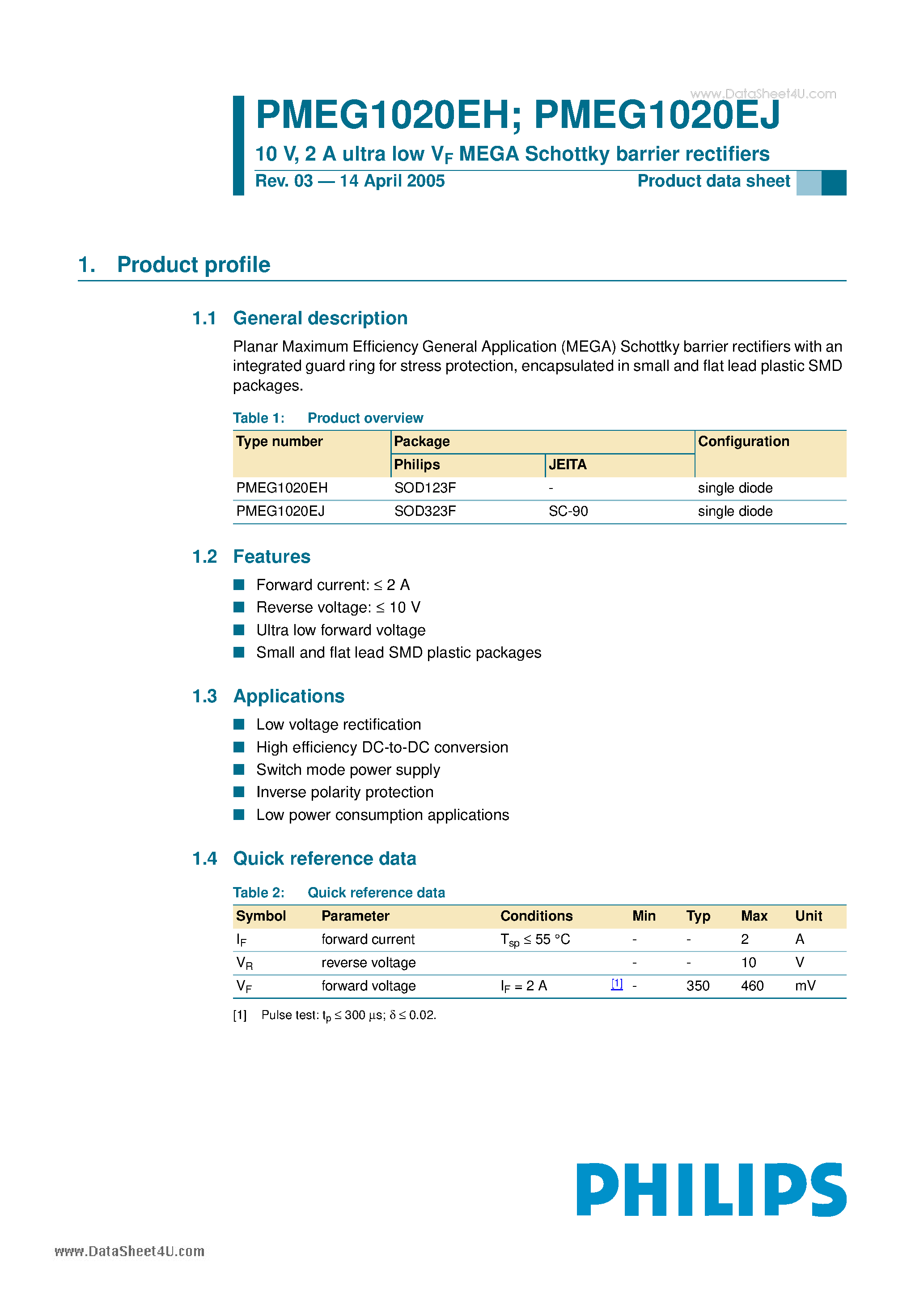 Datasheet PMEG1020EH page 1 Datasheet PMEG1020EH - 10V 2A ultra low VF MEGA Schottky barrier rectifiers page 1