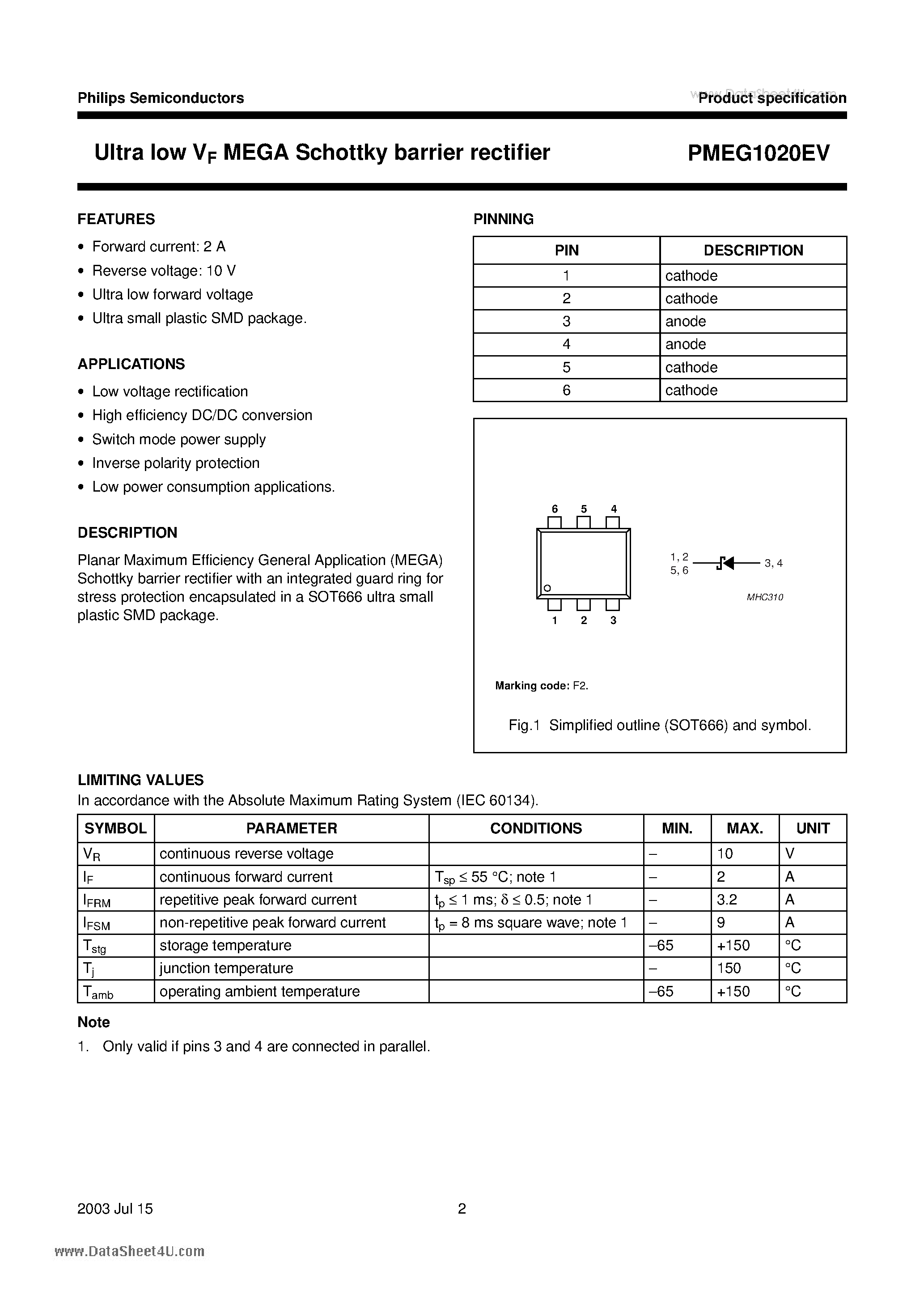 Даташит PMEG1020EV - Ultra low VF MEGA Schottky barrier rectifier страница 2