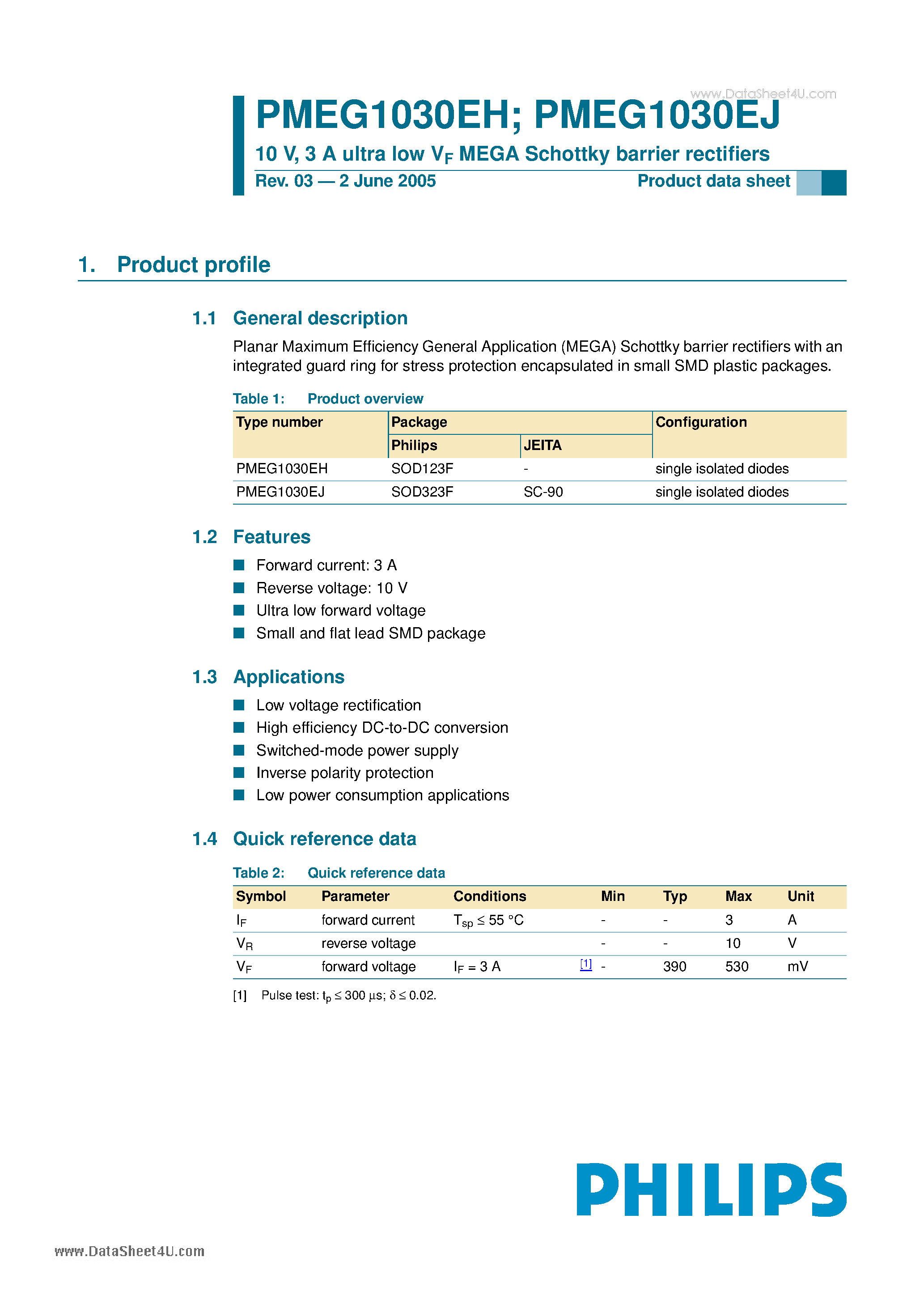 Datasheet PMEG1030EH page 1 Datasheet PMEG1030EH - 10V 3A ULTRA LOW V-f MEGA SCHOTTKY BARRIER RECTIFIERS page 1