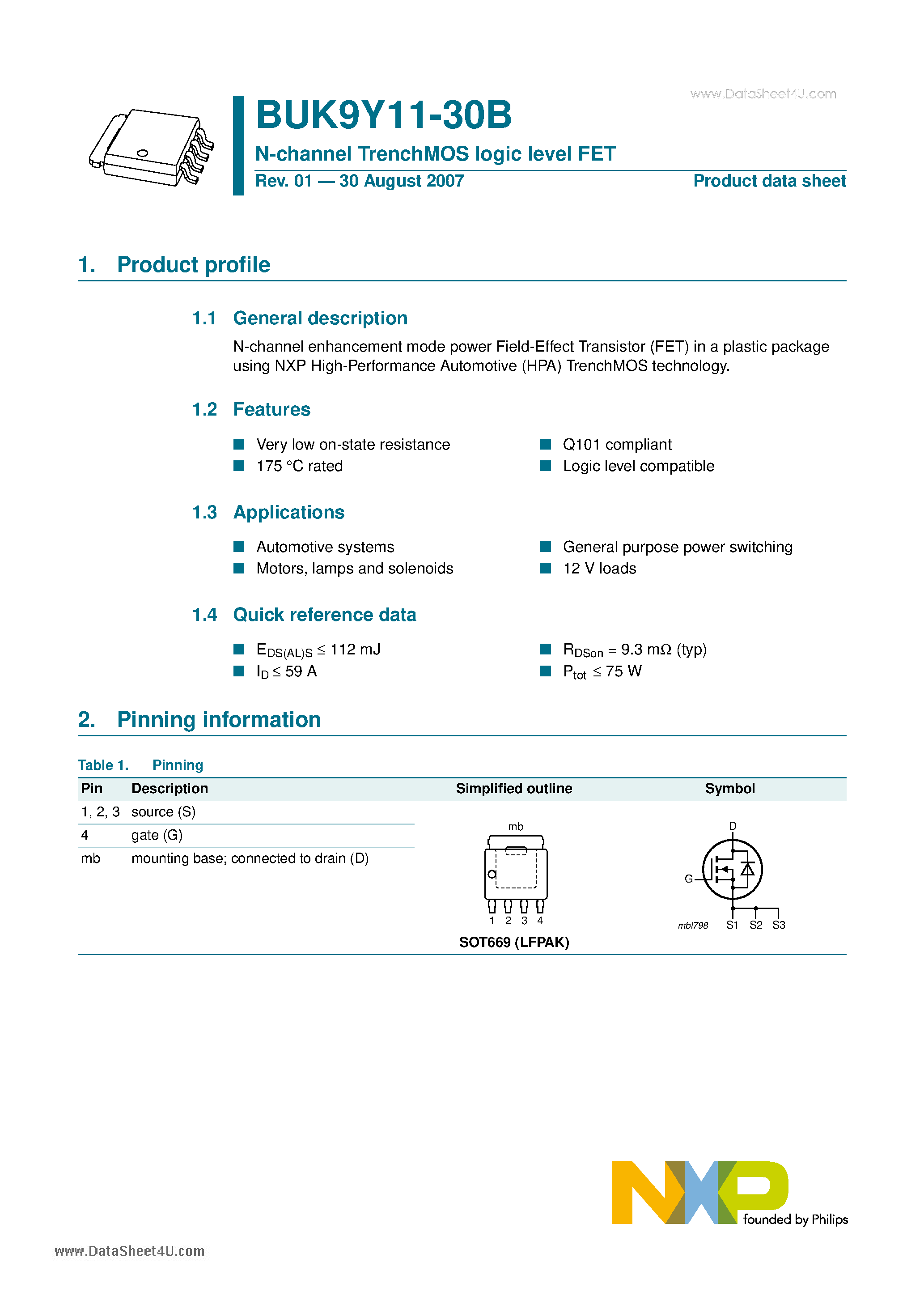 Datasheet BUK9Y11-30B - N-channel TrenchMOS logic level FET page 1