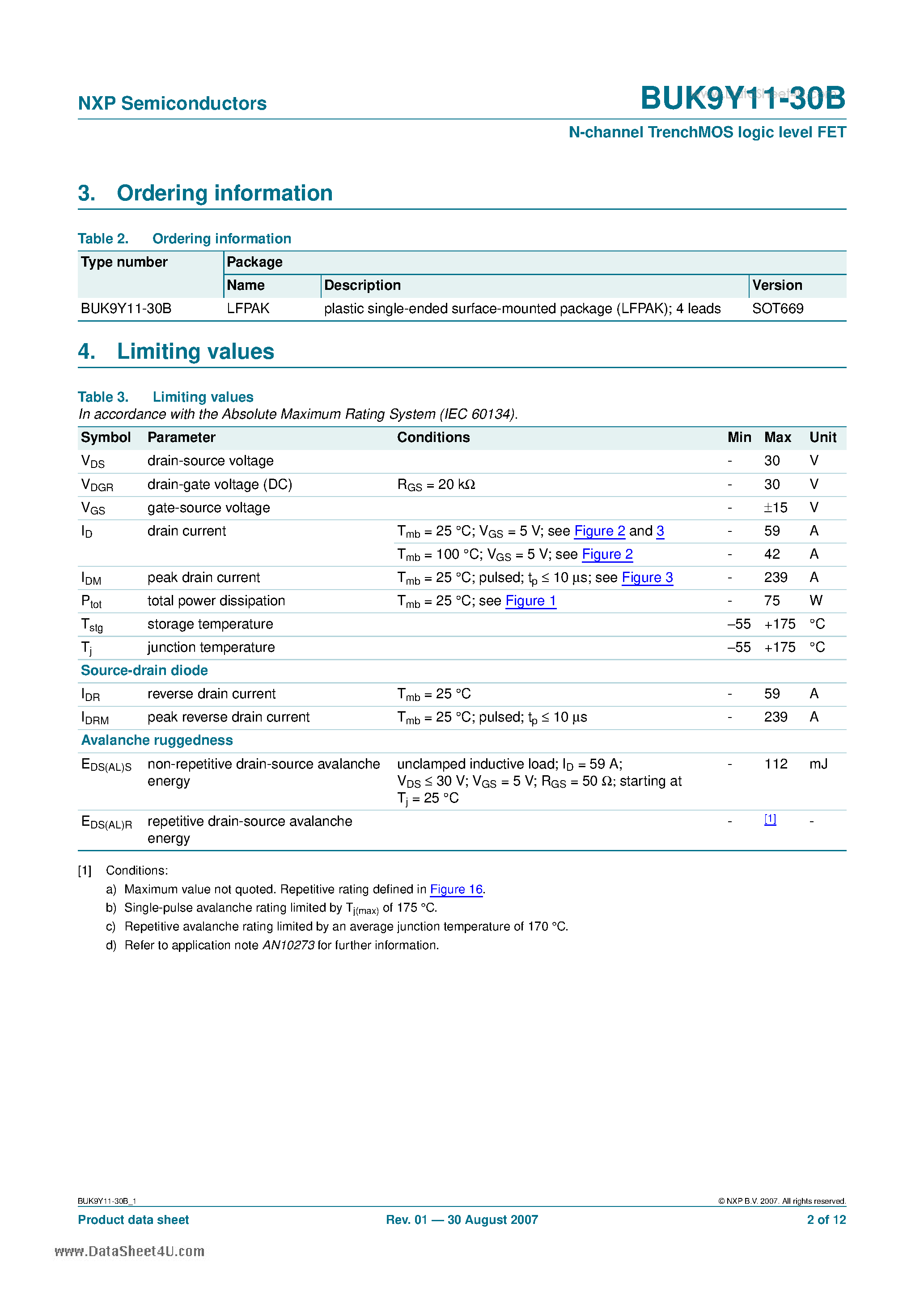 Datasheet BUK9Y11-30B - N-channel TrenchMOS logic level FET page 2