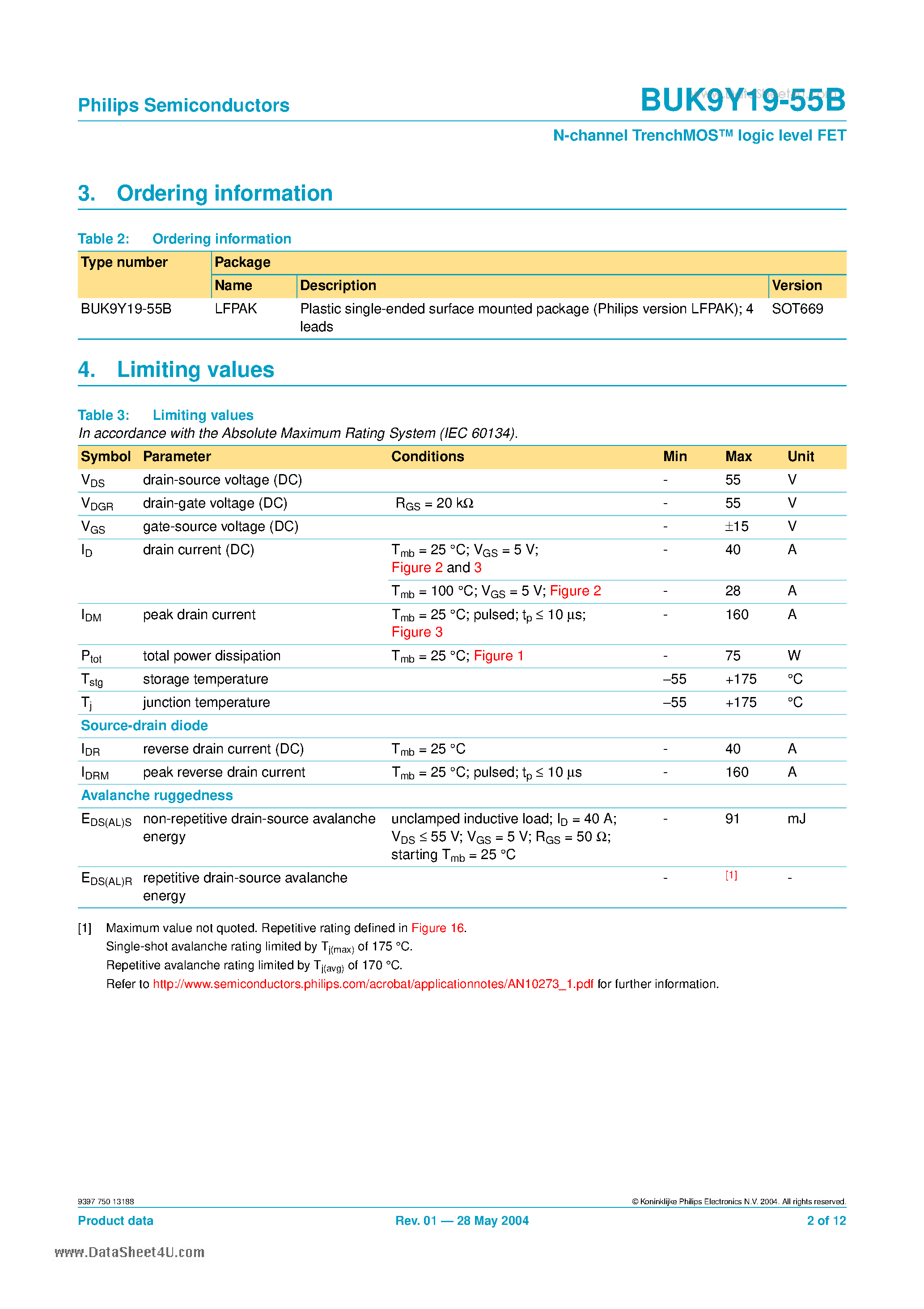 Datasheet BUK9Y19-55B - N-channel TrenchMOS logic level FET page 2