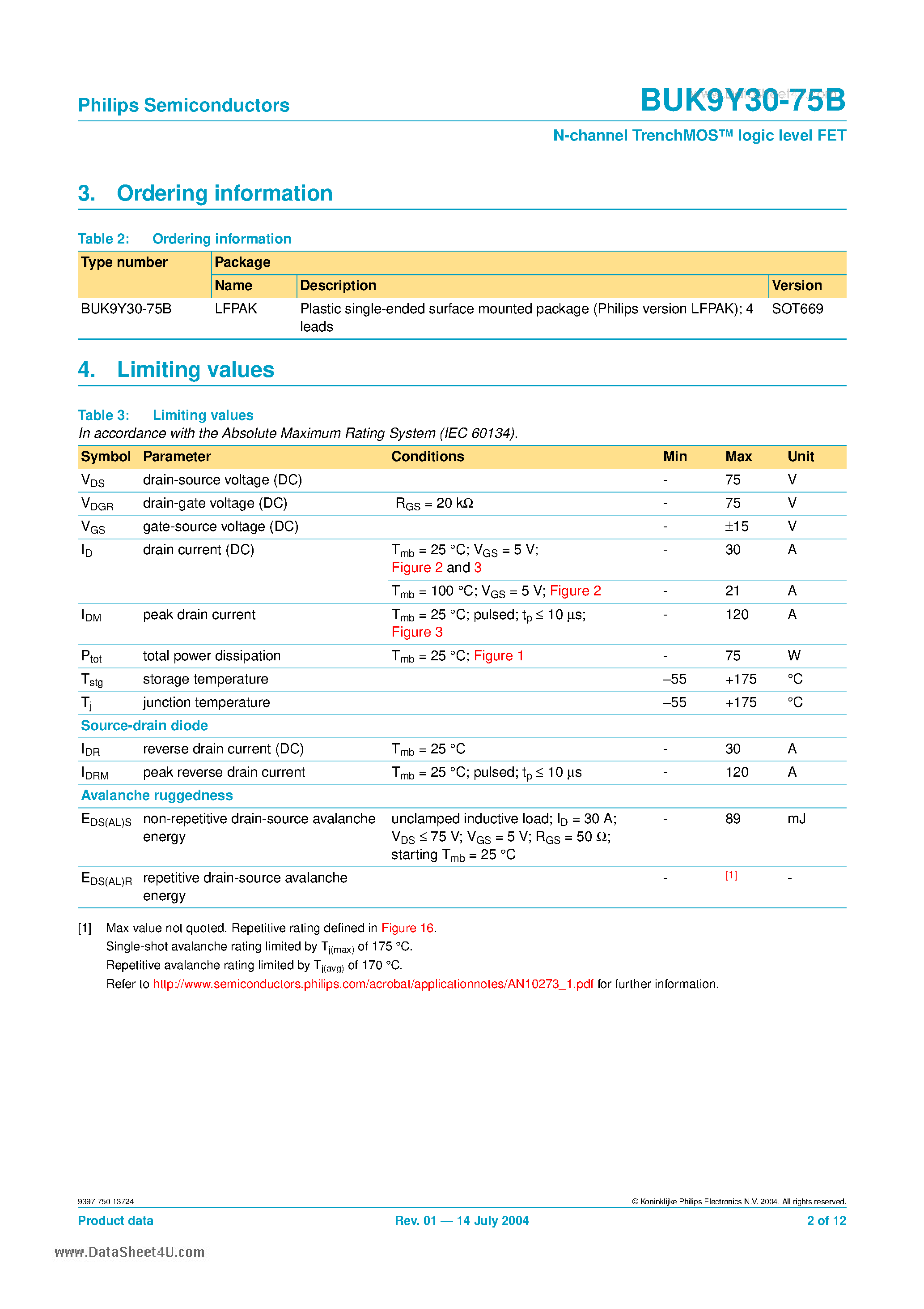 Datasheet BUK9Y30-75B - N-channel TrenchMOS logic level FET page 2