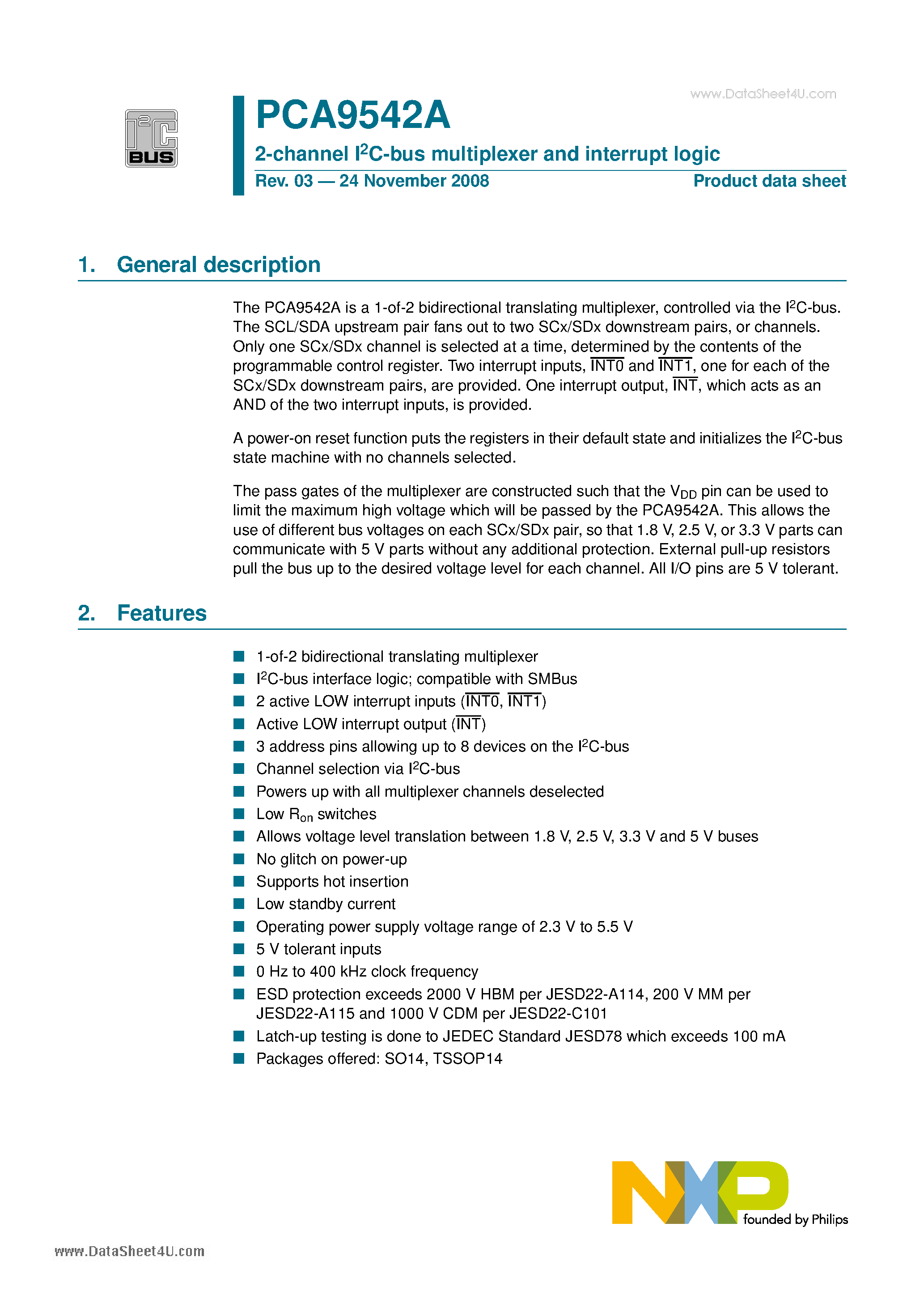 Datasheet PCA9542A - 2-channel I2C-bus multiplexer and interrupt logic page 1