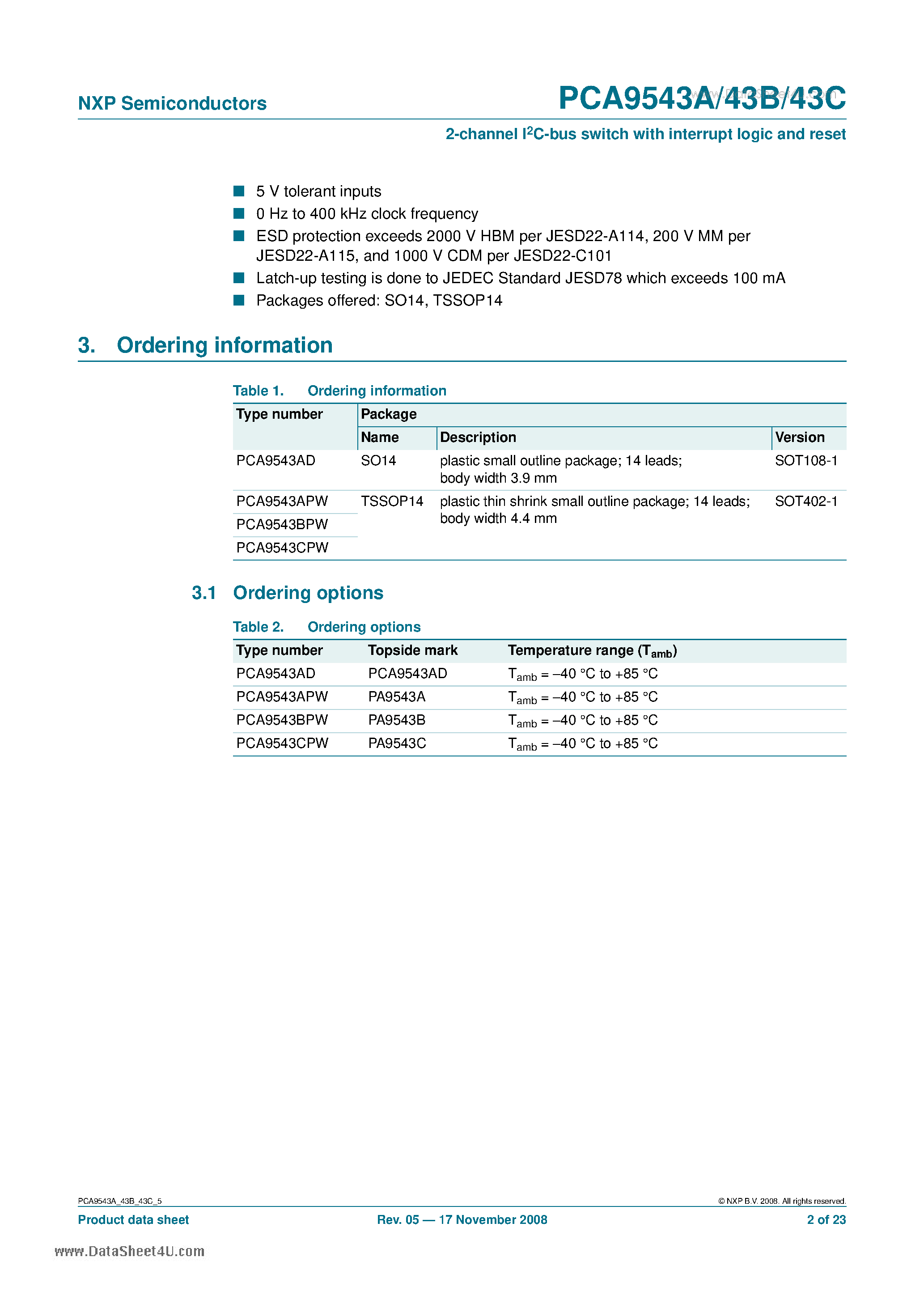 Datasheet PCA9543A - 2-channel I2C-bus switch page 2