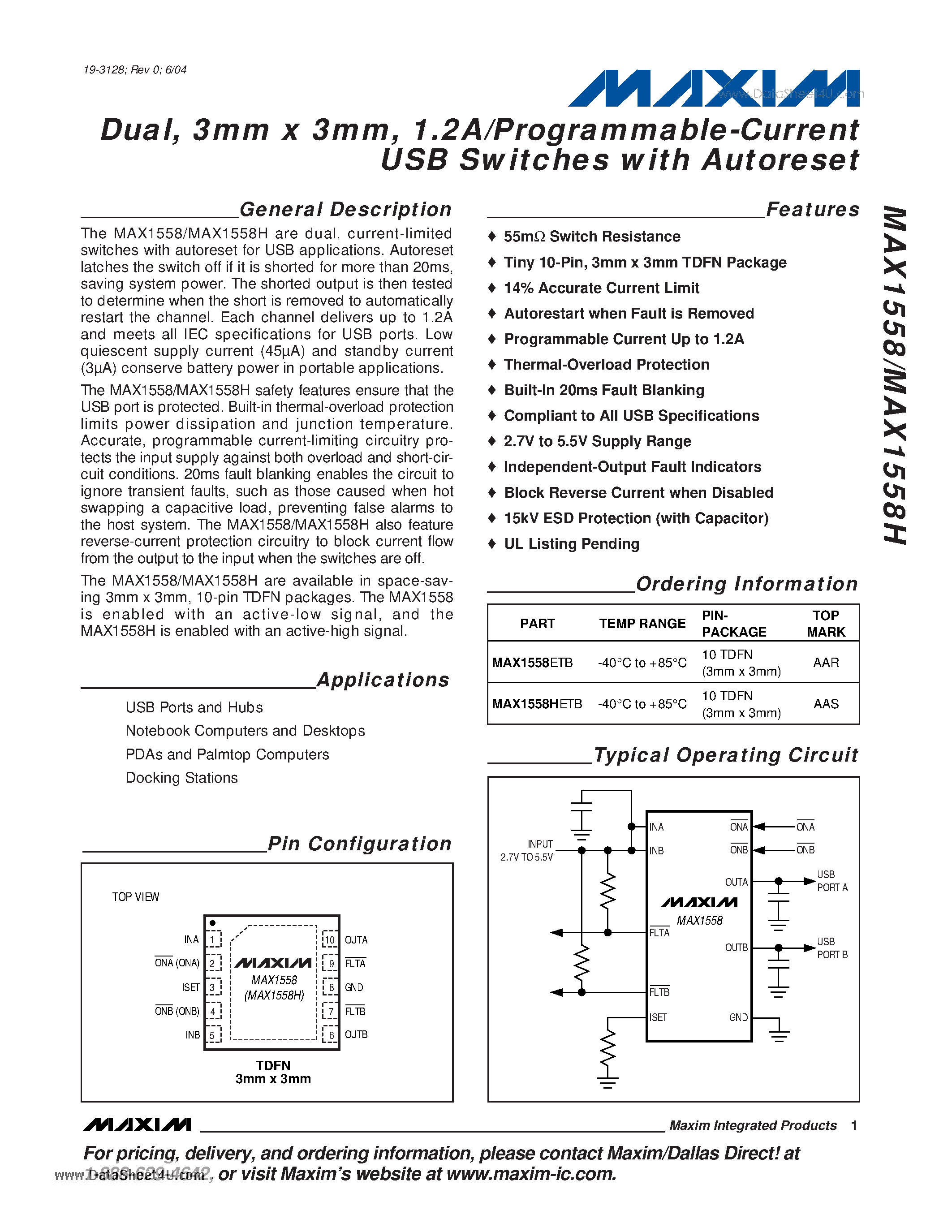 Datasheet MAX1558 - Dual 3mm x 3mm 1.2A/Programmable-Current USB Switches page 1