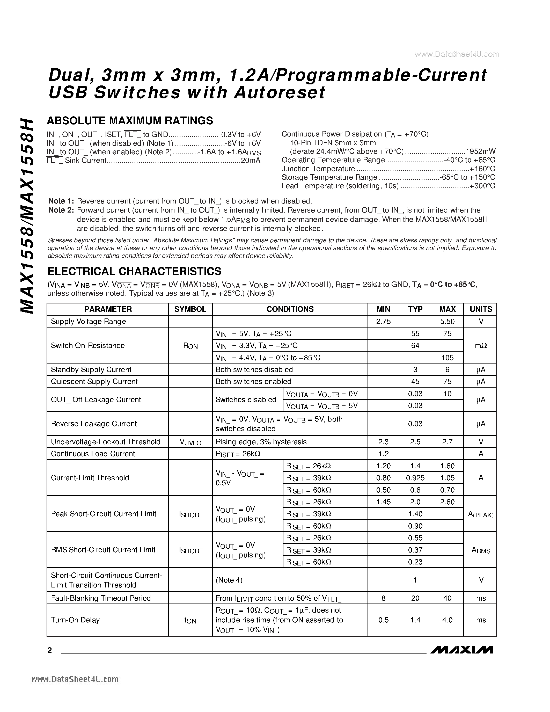 Datasheet MAX1558 - Dual 3mm x 3mm 1.2A/Programmable-Current USB Switches page 2