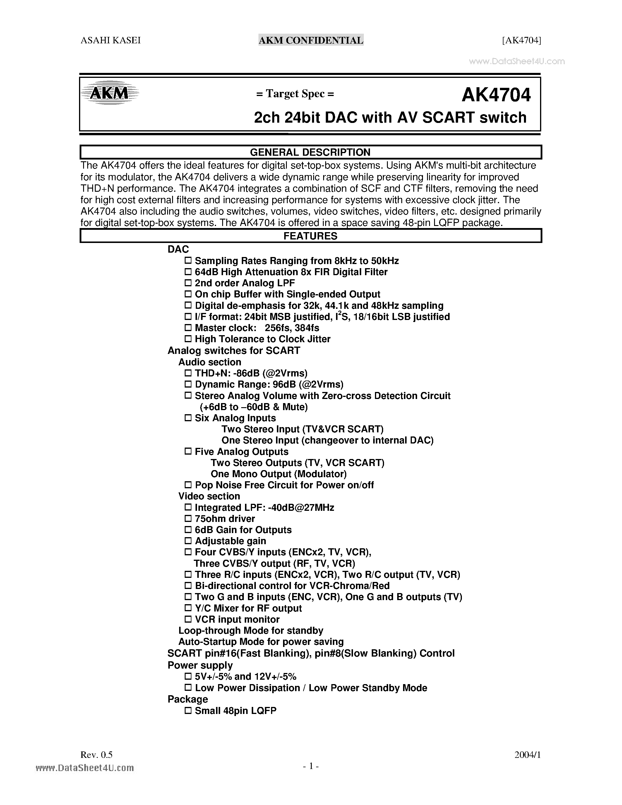 Datasheet AK4704 - 2ch 24bit DAC page 1