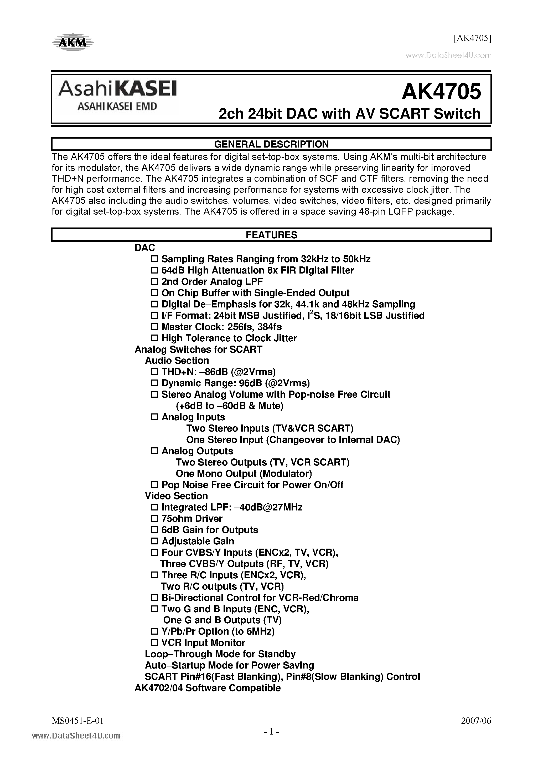 Datasheet AK4705 - 2ch 24bit DAC page 1