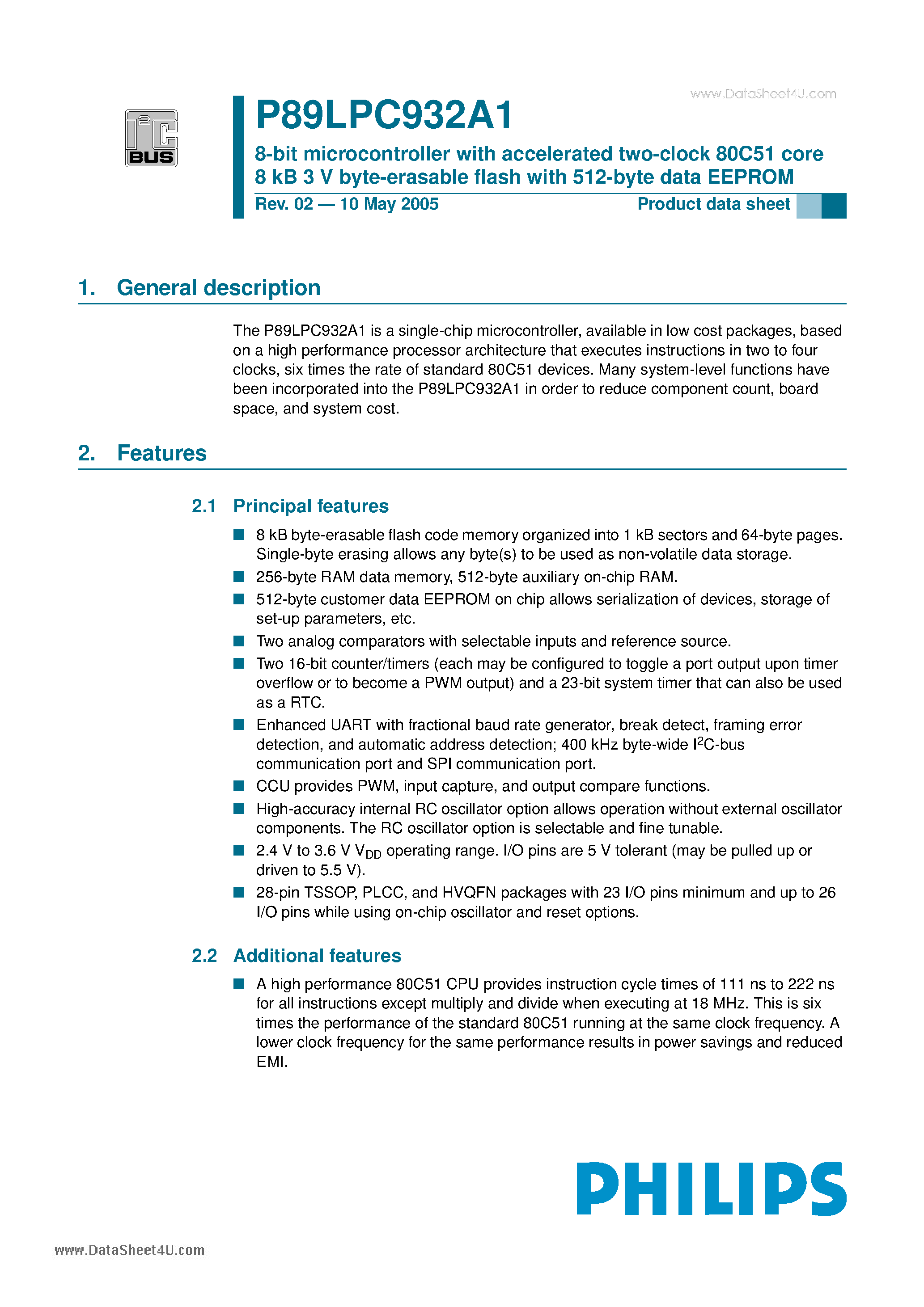 Datasheet P89LPC932A1 page 1 Datasheet P89LPC932A1 - 8-Bit Microcontroller page 1