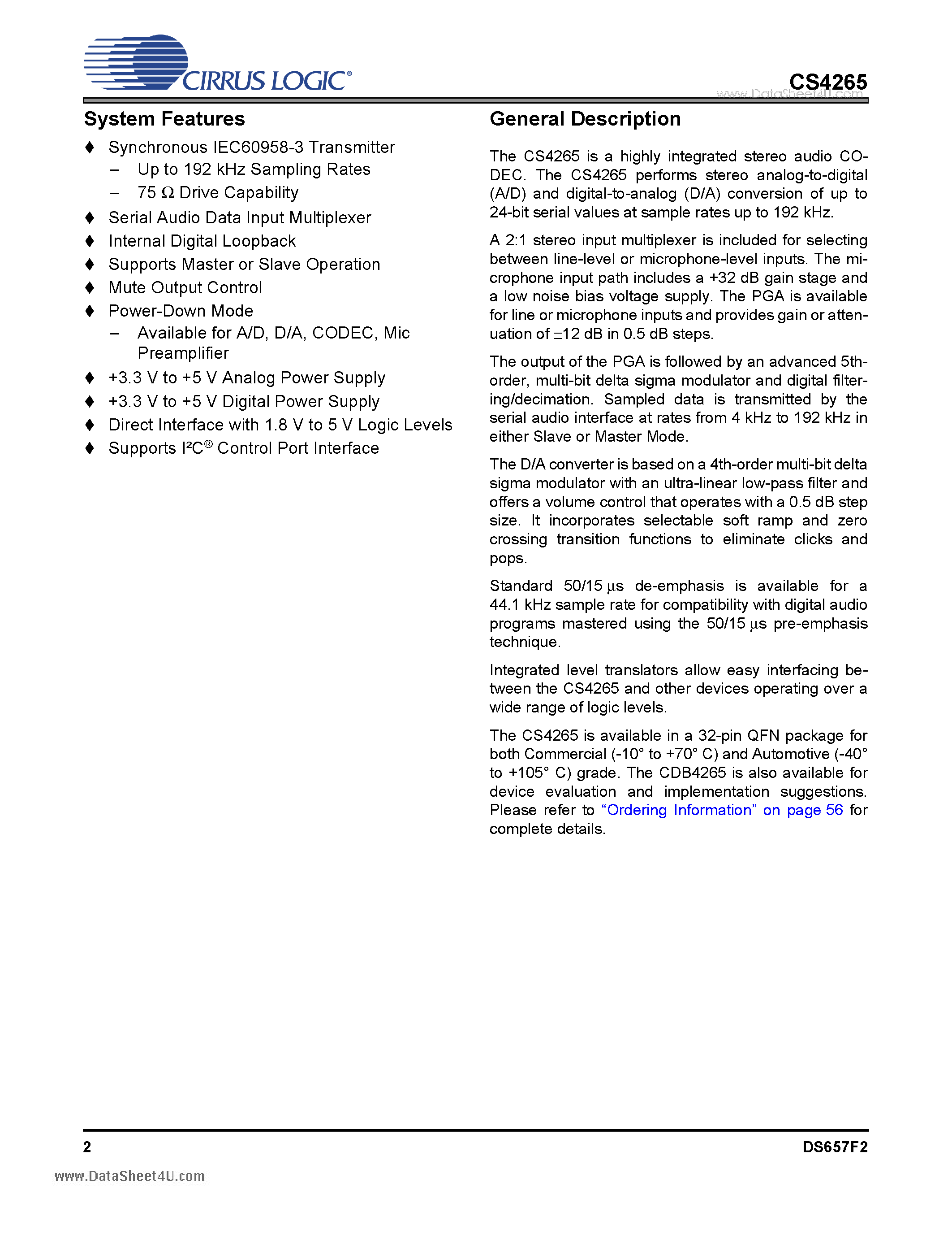Даташит CS4265 - 104dB 24-Bit 192kHz Stereo Audio CODEC страница 2