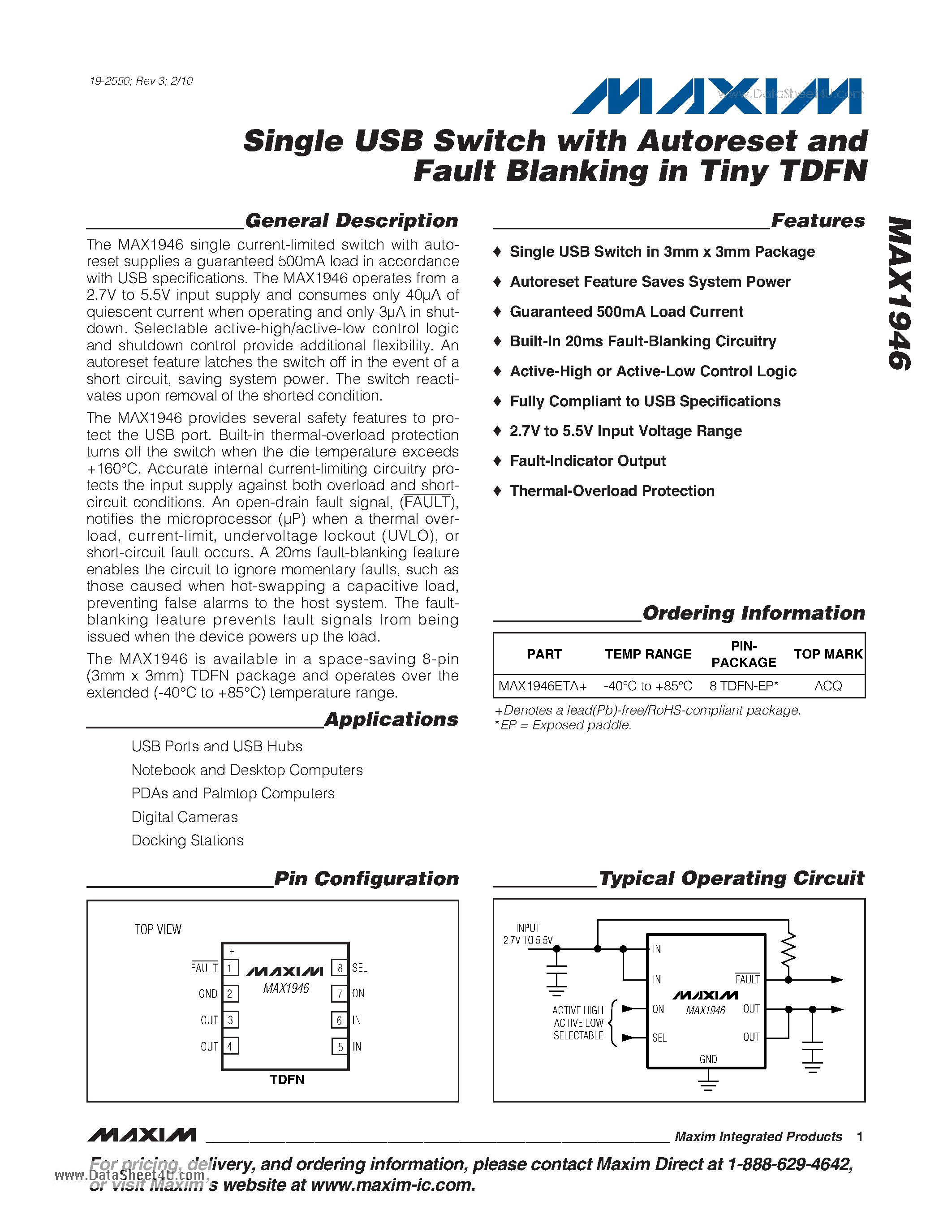 Datasheet MAX1946 - Single USB Switch page 1