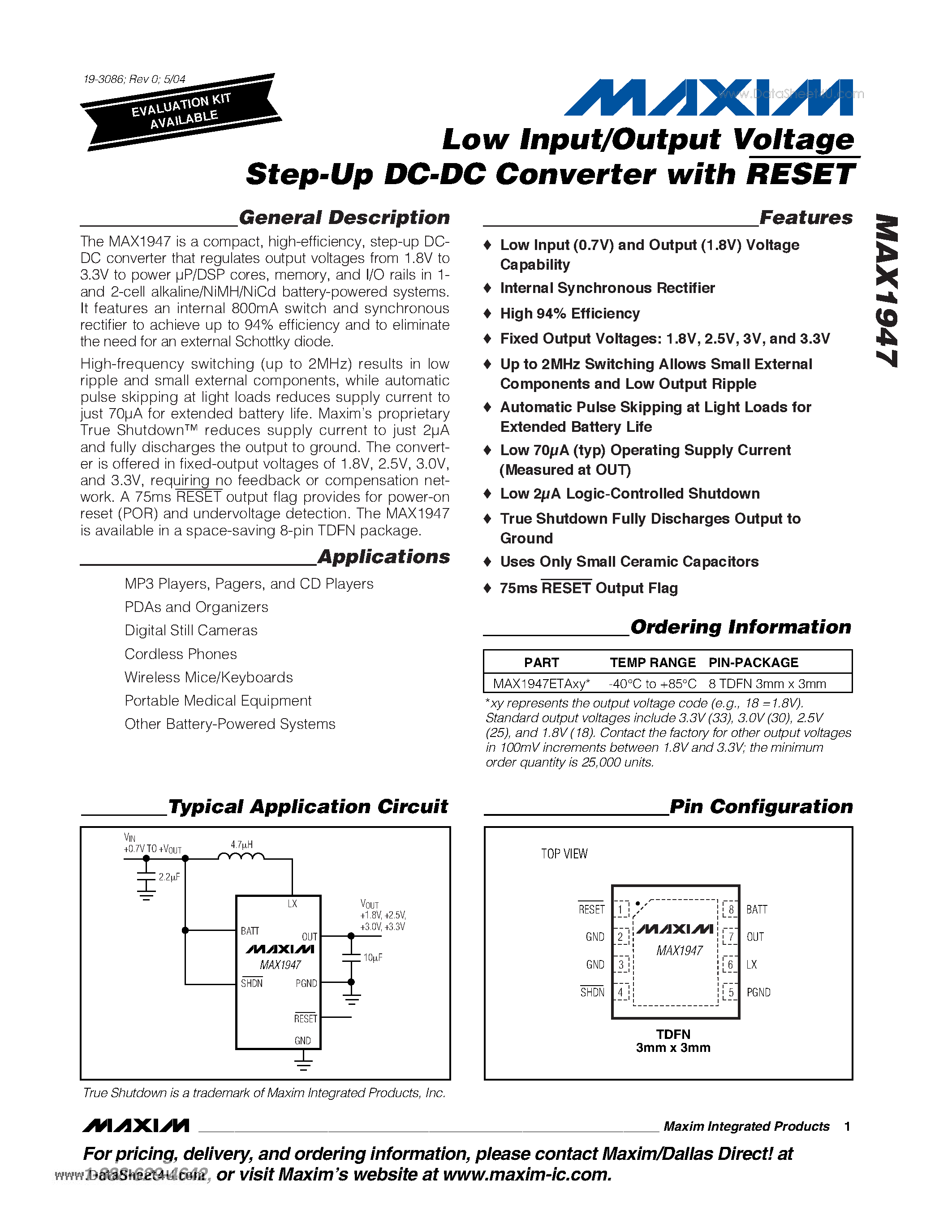 Datasheet MAX1947 - Low Input/Output Voltage Step-Up DC-DC Converter page 1