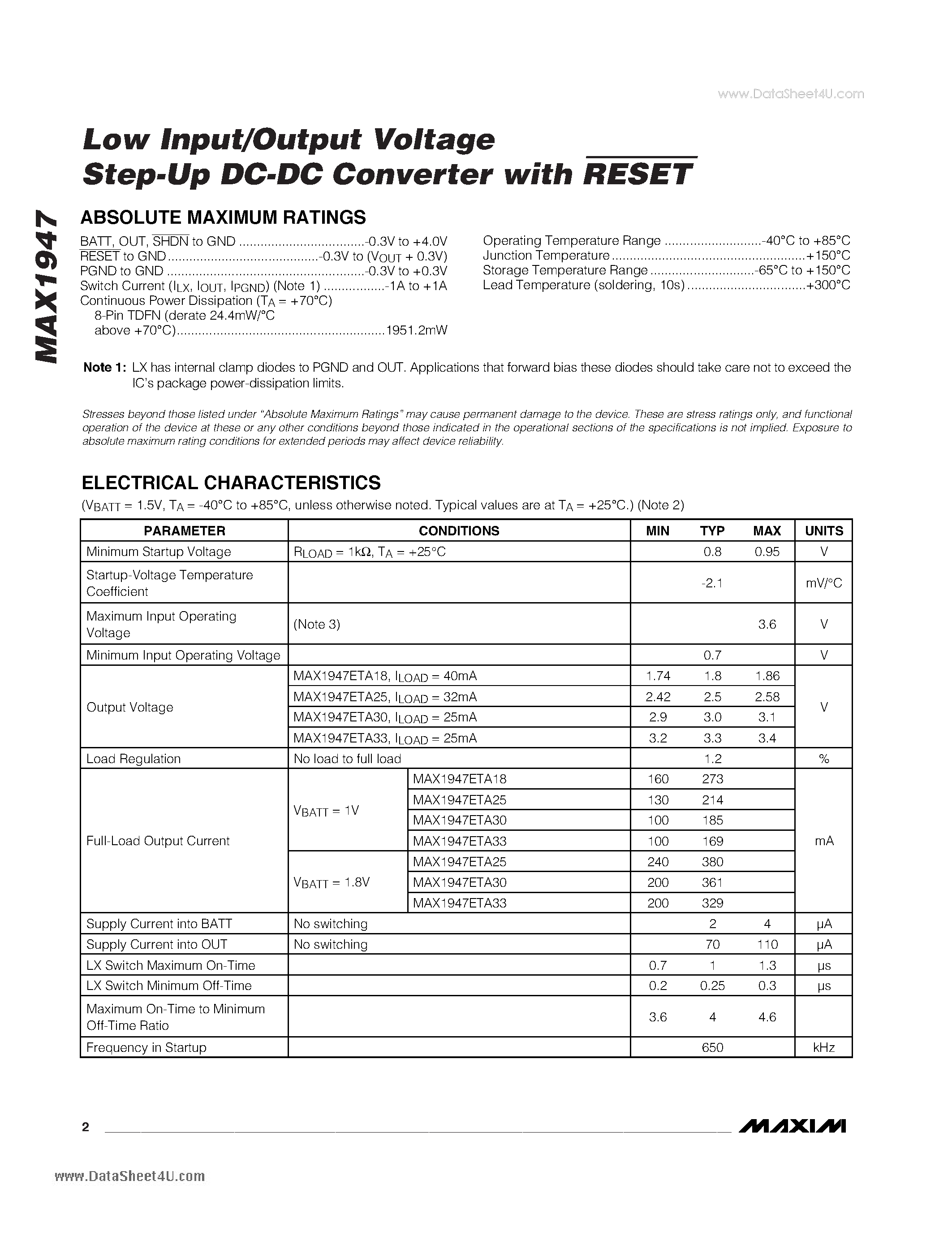 Datasheet MAX1947 - Low Input/Output Voltage Step-Up DC-DC Converter page 2
