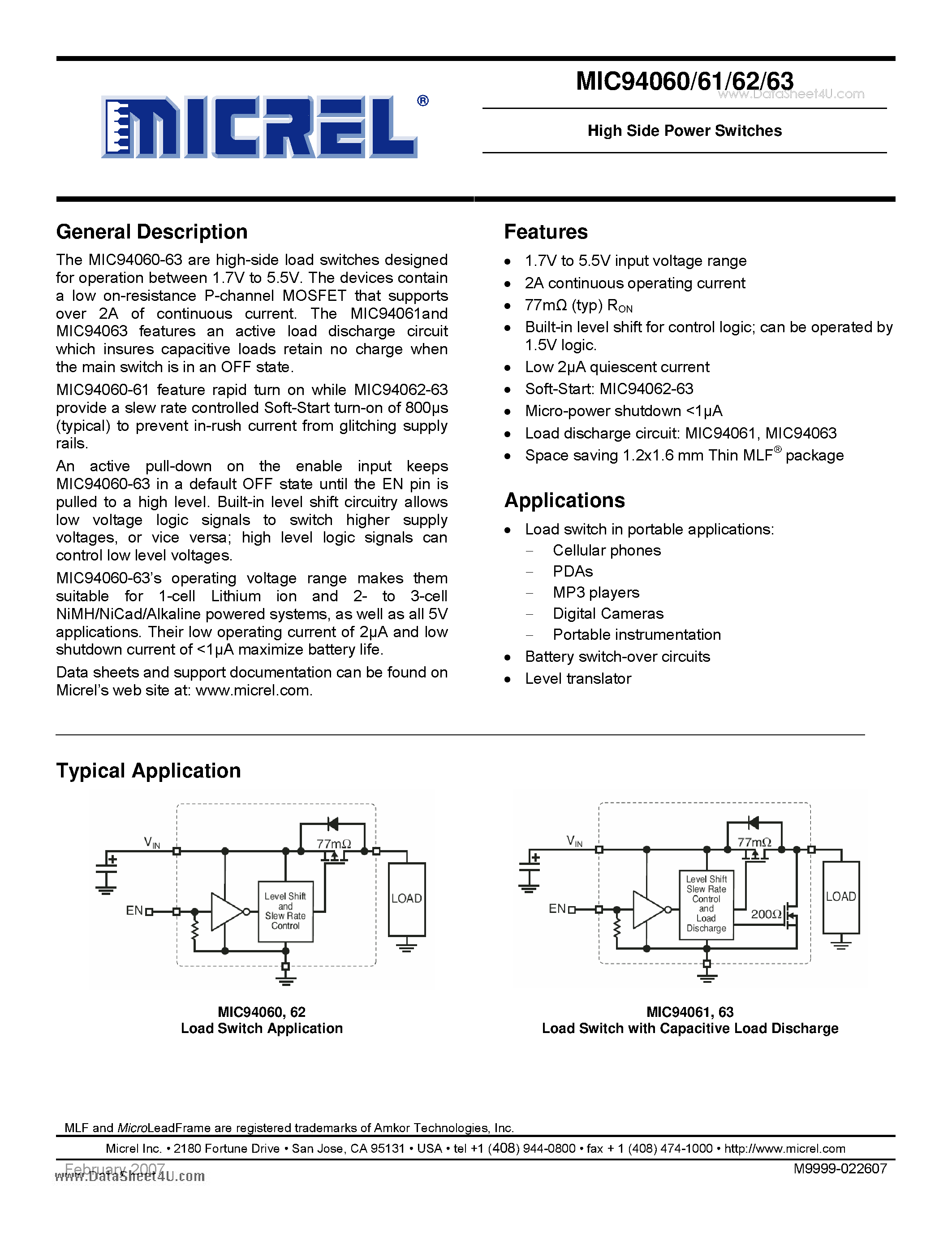 Даташит на микросхему MIC94060 страница 1 Даташит MIC94060 - High Side Power Switches страница 1