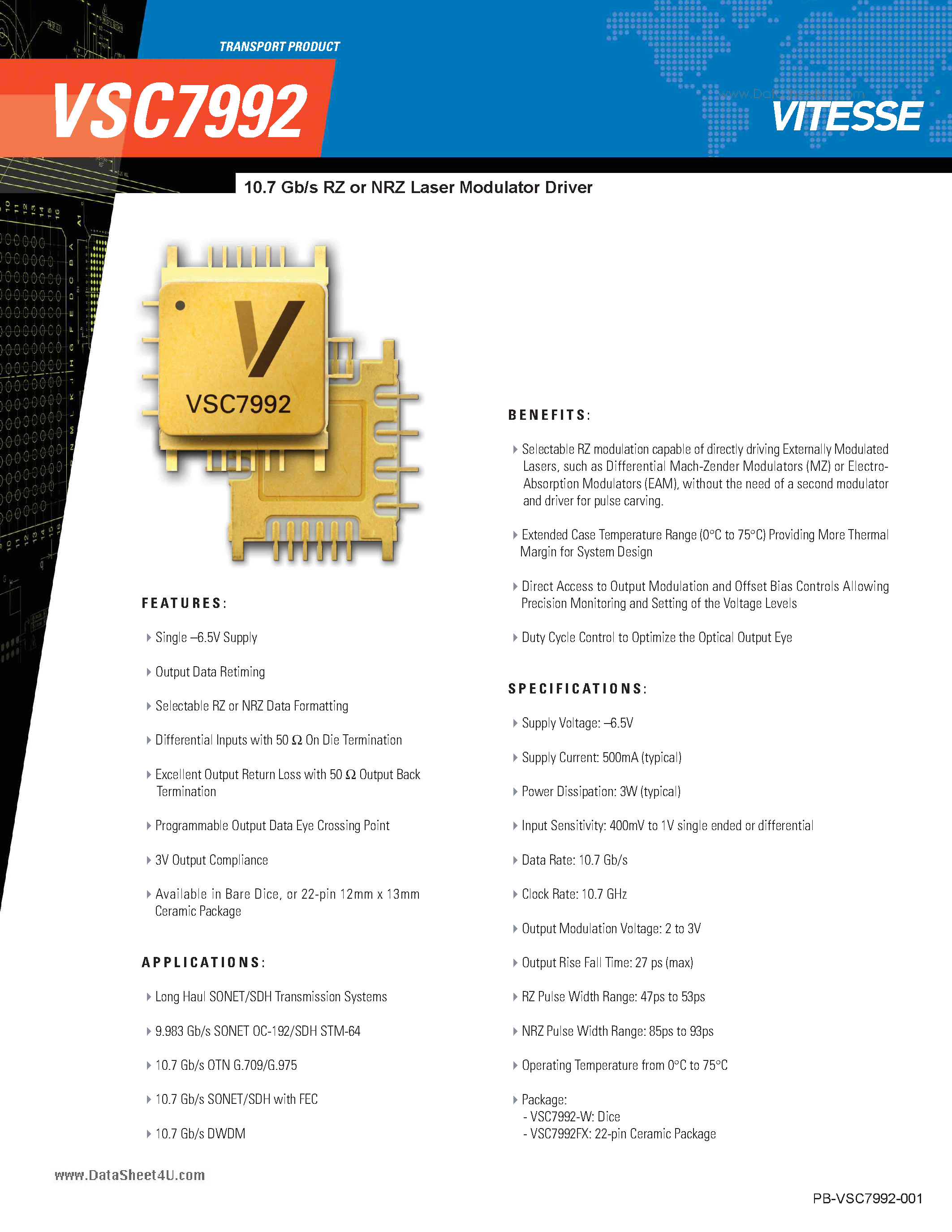 Даташит VSC7992 - 10.7 Gb/s RZ or NRZ Laser Modulator Driver страница 1