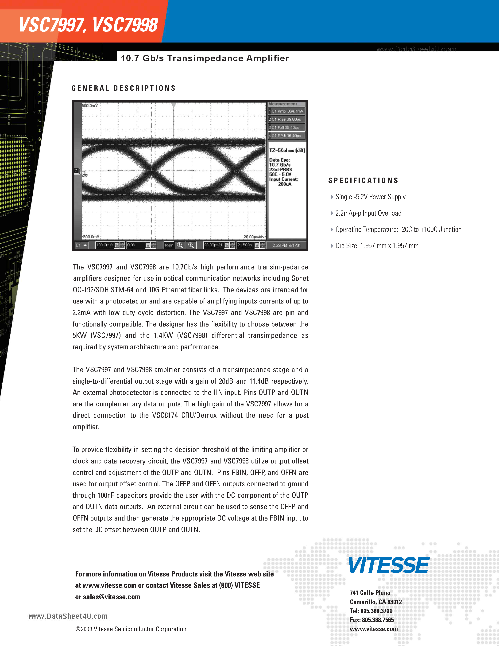 Даташит VSC7997 - 10.7 Gb/s Transimpedance Amplifier страница 2