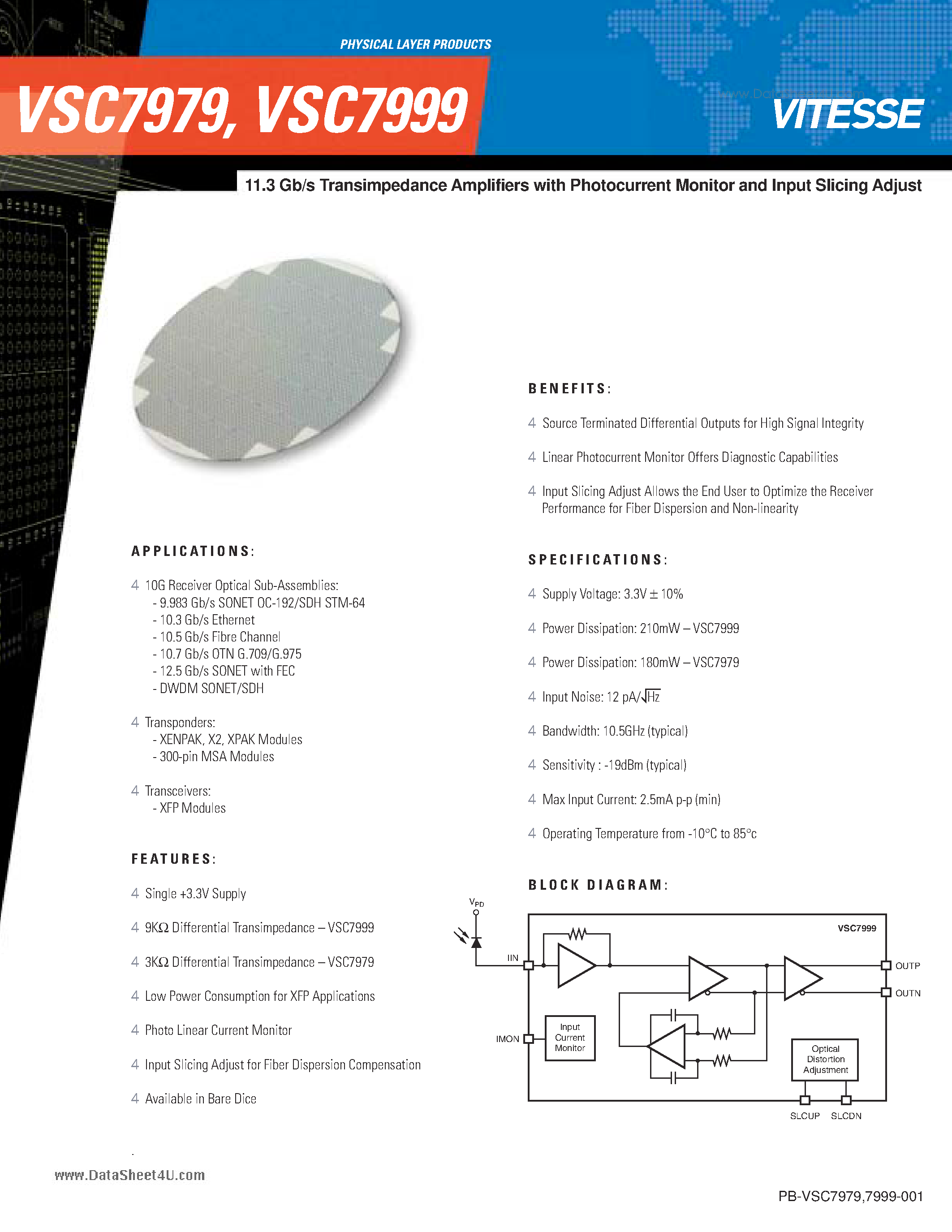 Даташит VSC7979 - 11.3 Gb/s Transimpedance Amplifiers страница 1