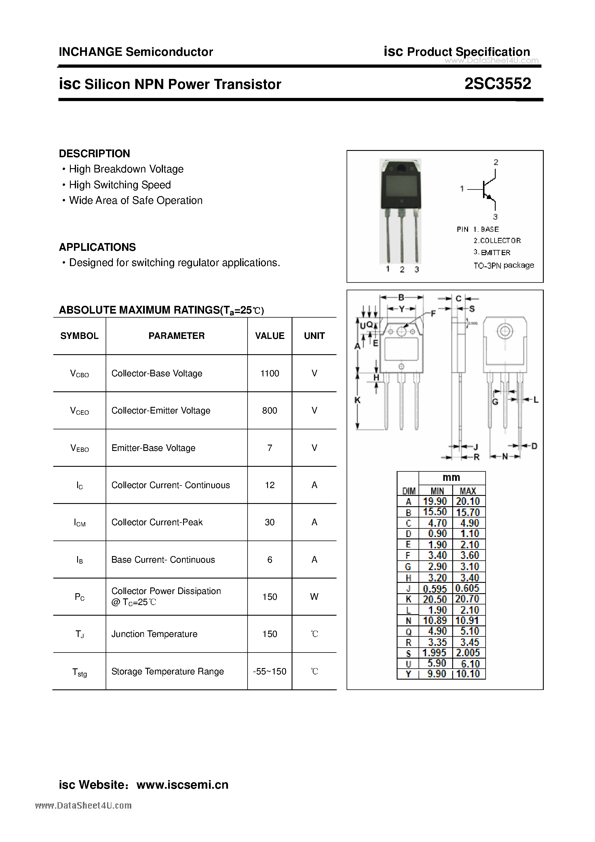Datasheet 2SC3552 page 1 Datasheet 2SC3552 - Silicon NPN Power Transistor page 1