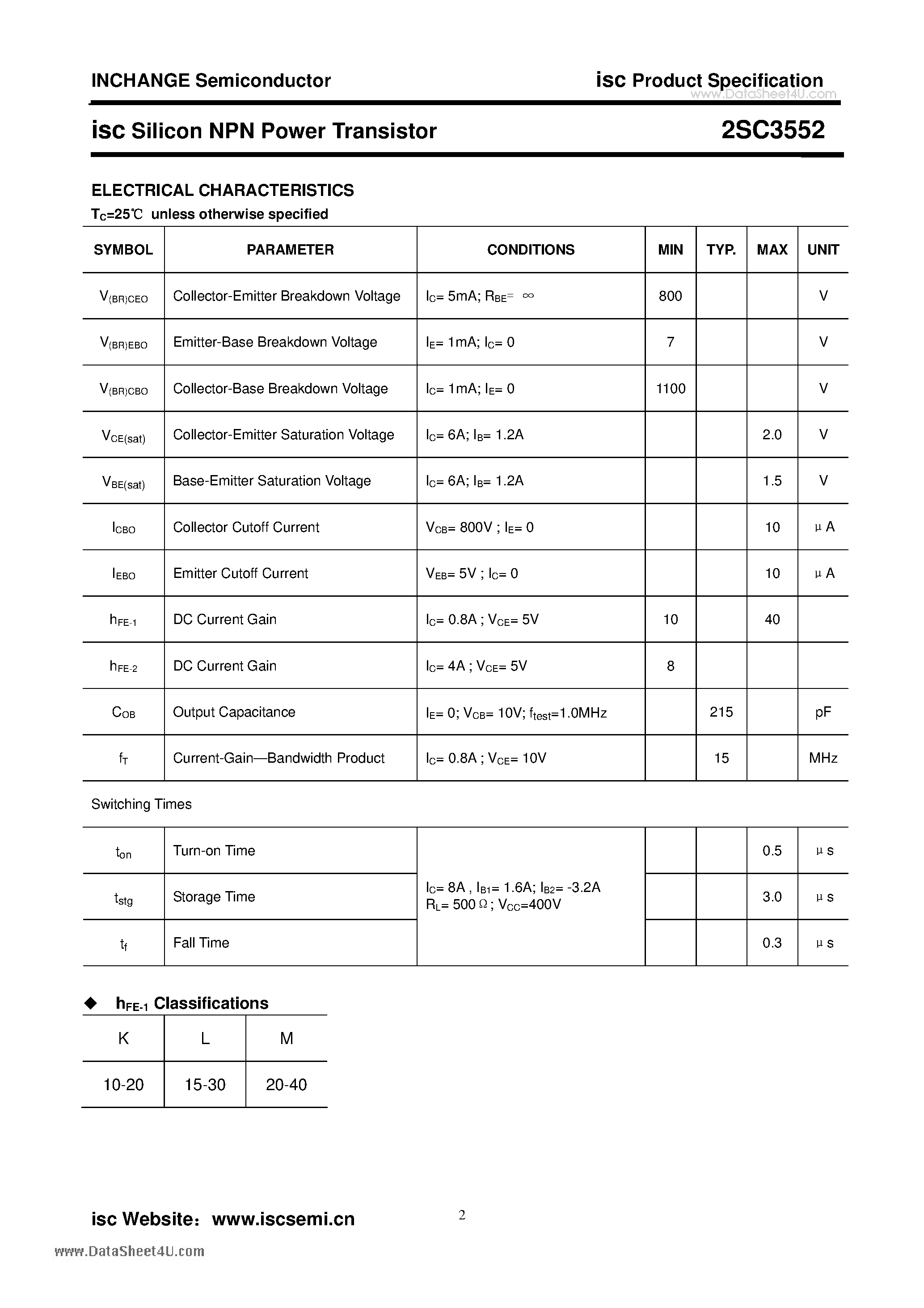 Datasheet 2SC3552 page 2 Datasheet 2SC3552 - Silicon NPN Power Transistor page 2