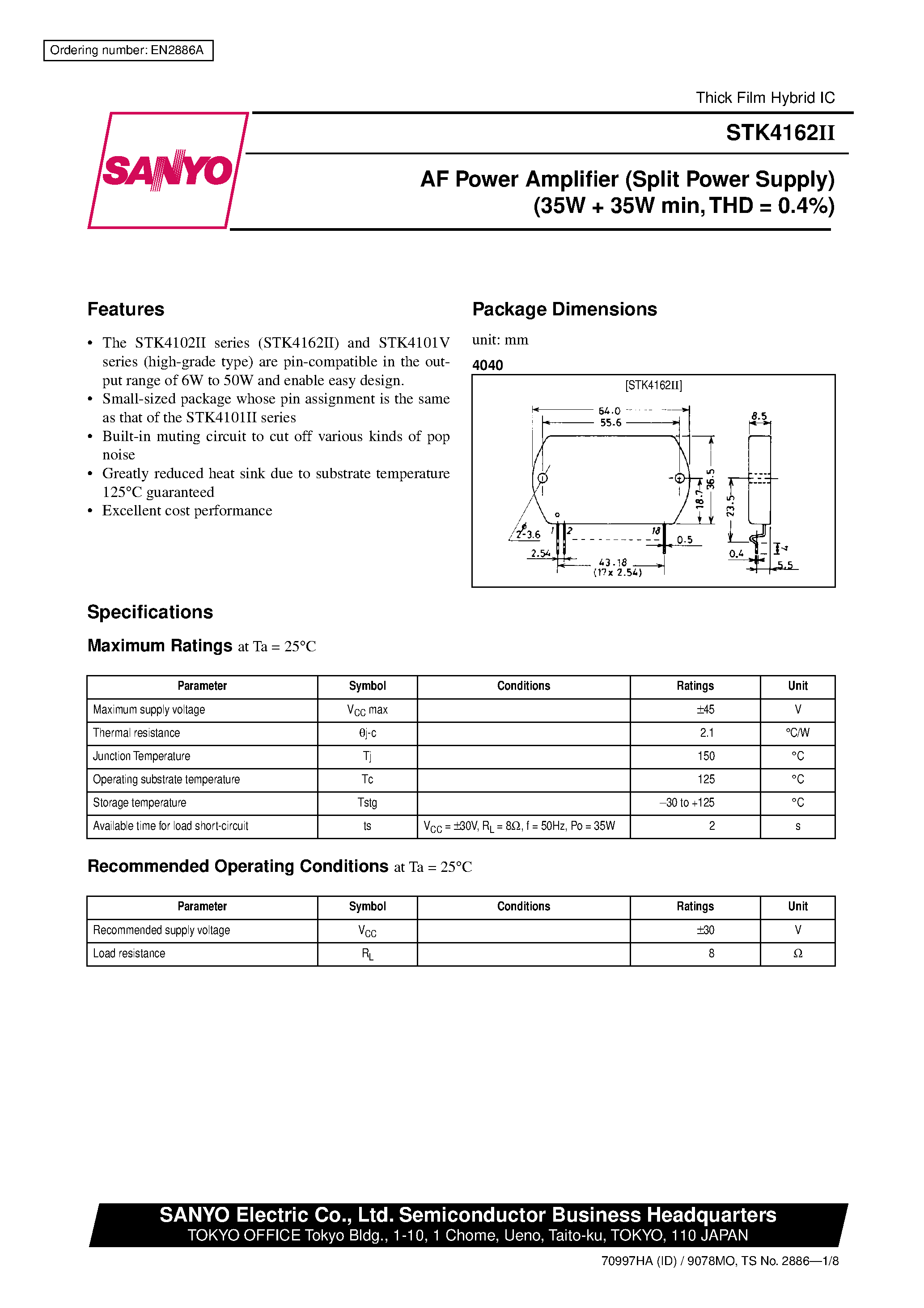 Datasheet STK-4162II page 1 Datasheet STK-4162II - AF Power Amplifier (Split Power Supply) (35W + 35W min / THD = 0.4%) page 1