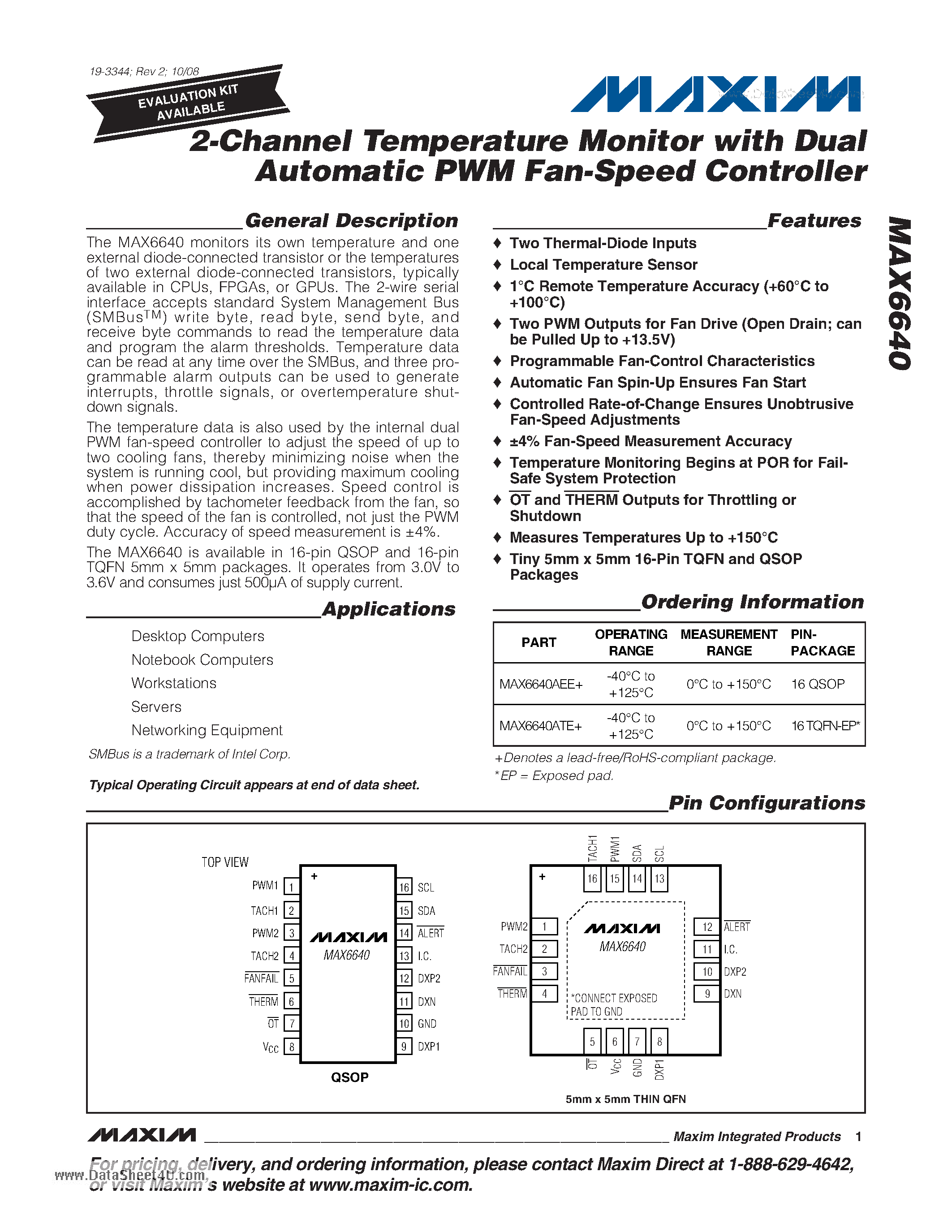 Datasheet MAX6640 - 2-Channel Temperature Monitor page 1