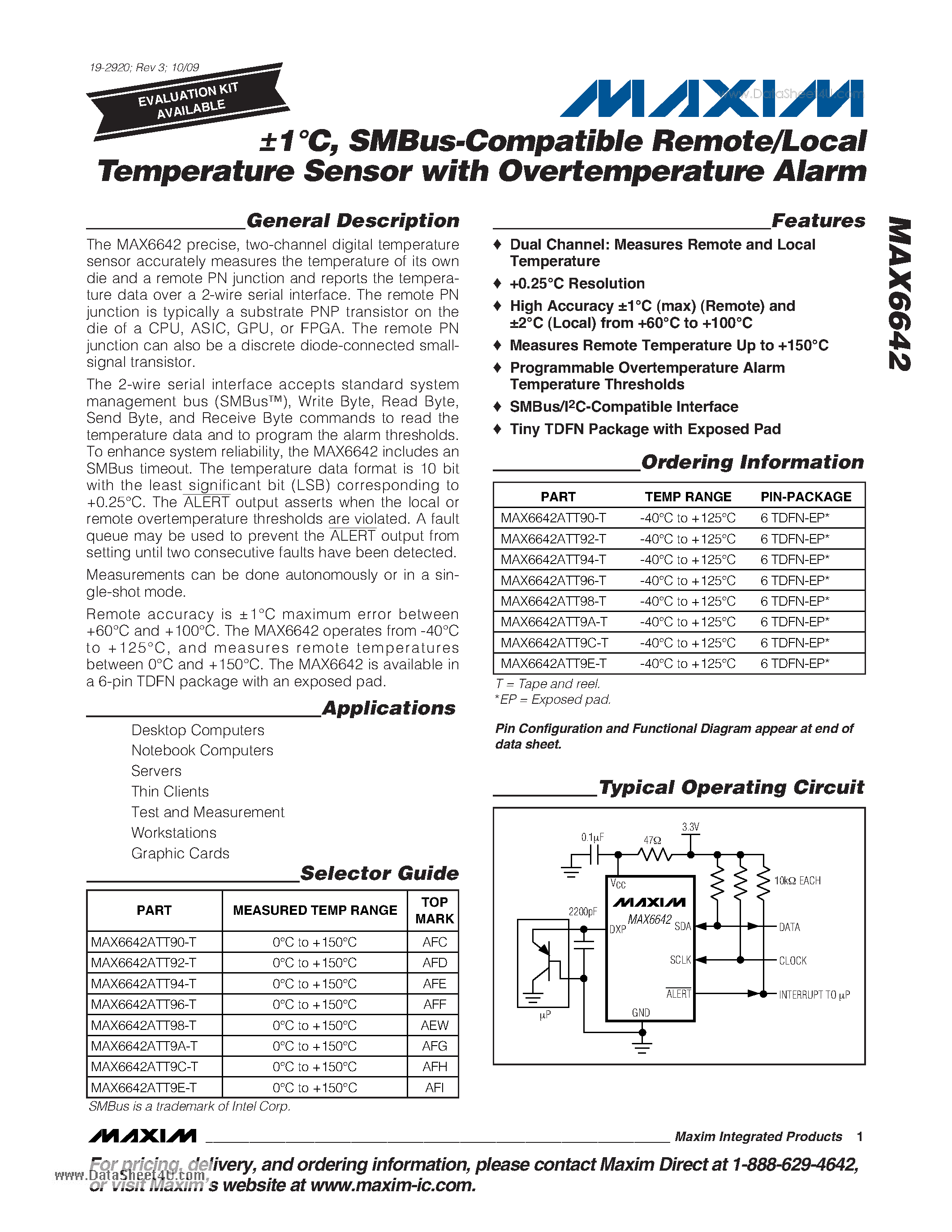 Даташит MAX6642 - SMBus-Compatible Remote/Local Temperature Sensor страница 1